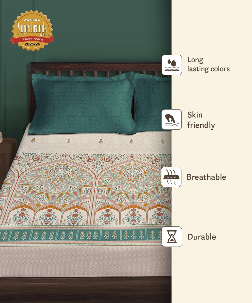 Gates Around The Globe King Fitted Bedsheet Set, Arqadia| 180 TC Cotton| 2 Pillow Covers