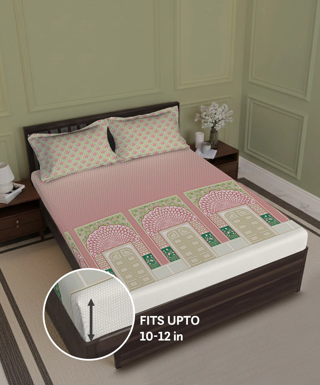 Gates Around The Globe King Fitted Bedsheet Set, Lirale| 180 TC Cotton| 2 Pillow Covers