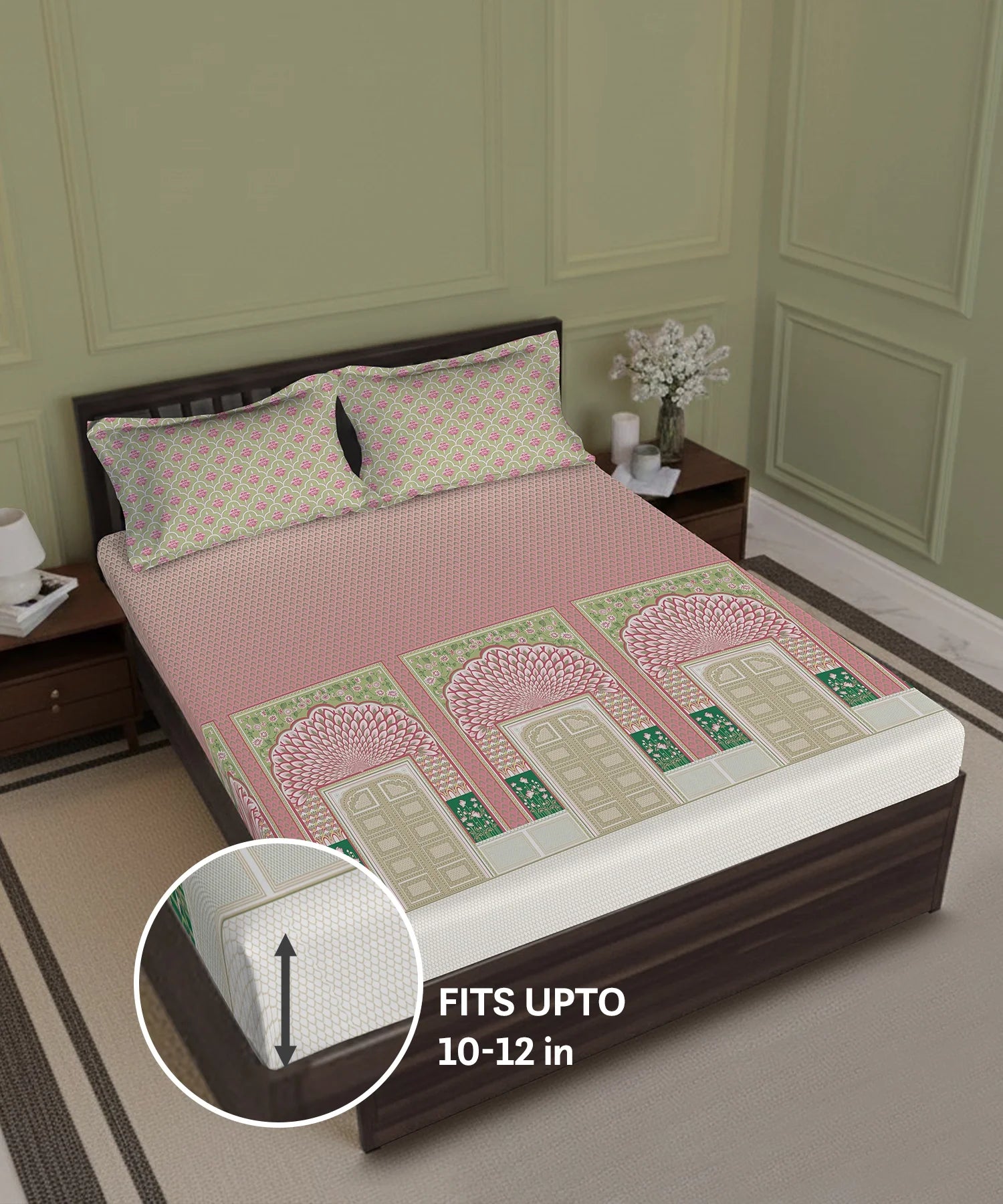 Gates Around The Globe King Fitted Bedsheet Set, Lirale| 180 TC Cotton| 2 Pillow Covers