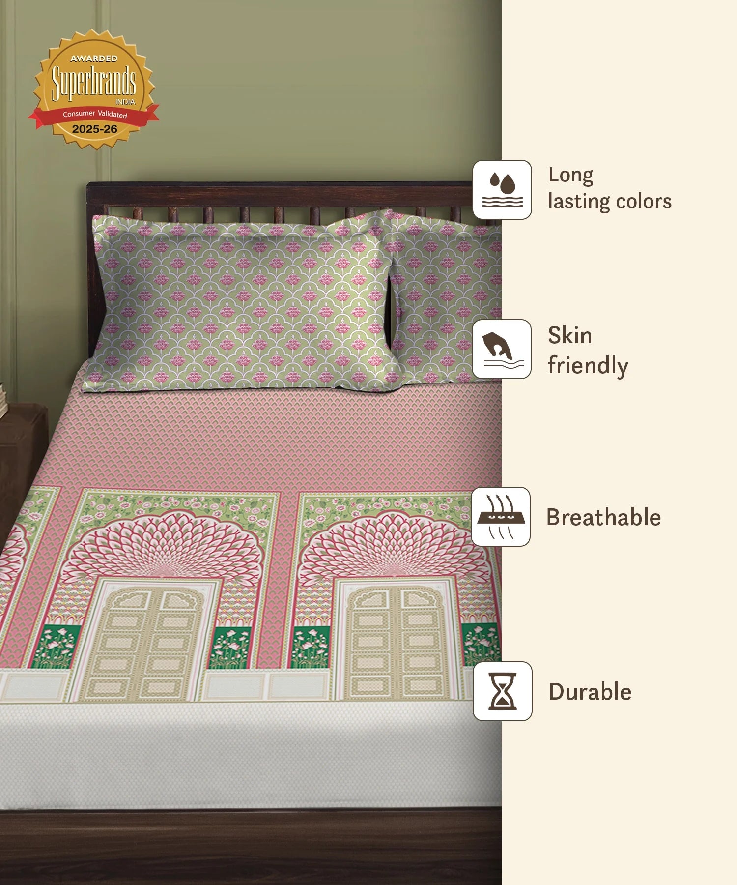 Gates Around The Globe King Fitted Bedsheet Set, Lirale| 180 TC Cotton| 2 Pillow Covers