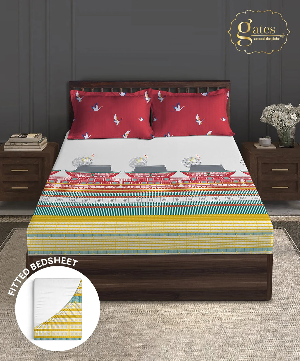 Gates Around The Globe King Fitted Bedsheet Set, Torii| 180 TC Cotton| 2 Pillow Covers