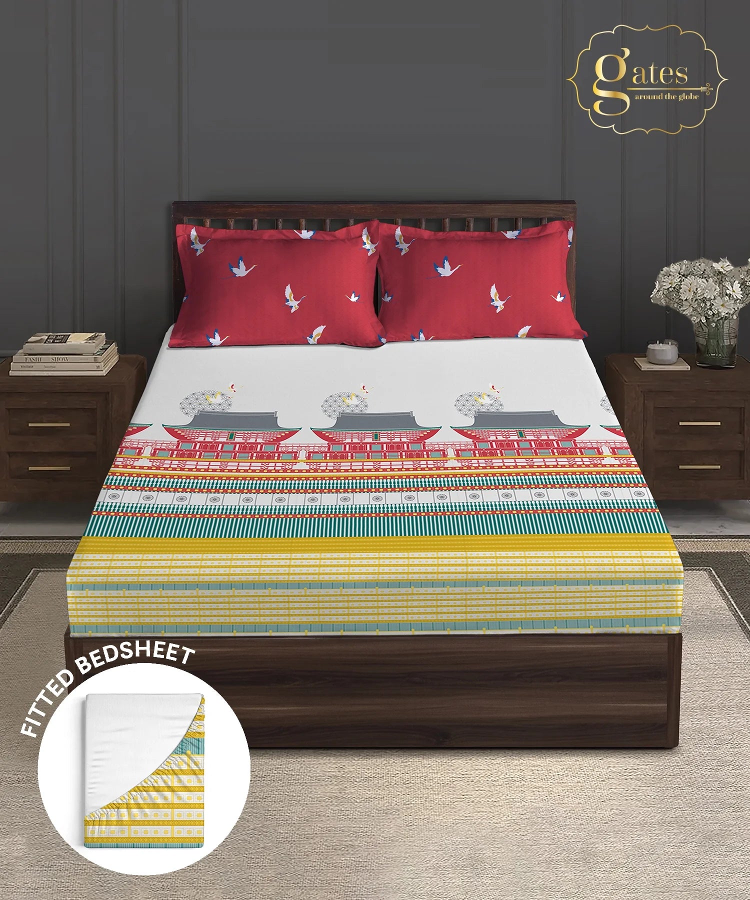 Gates Around The Globe King Fitted Bedsheet Set, Torii| 180 TC Cotton| 2 Pillow Covers