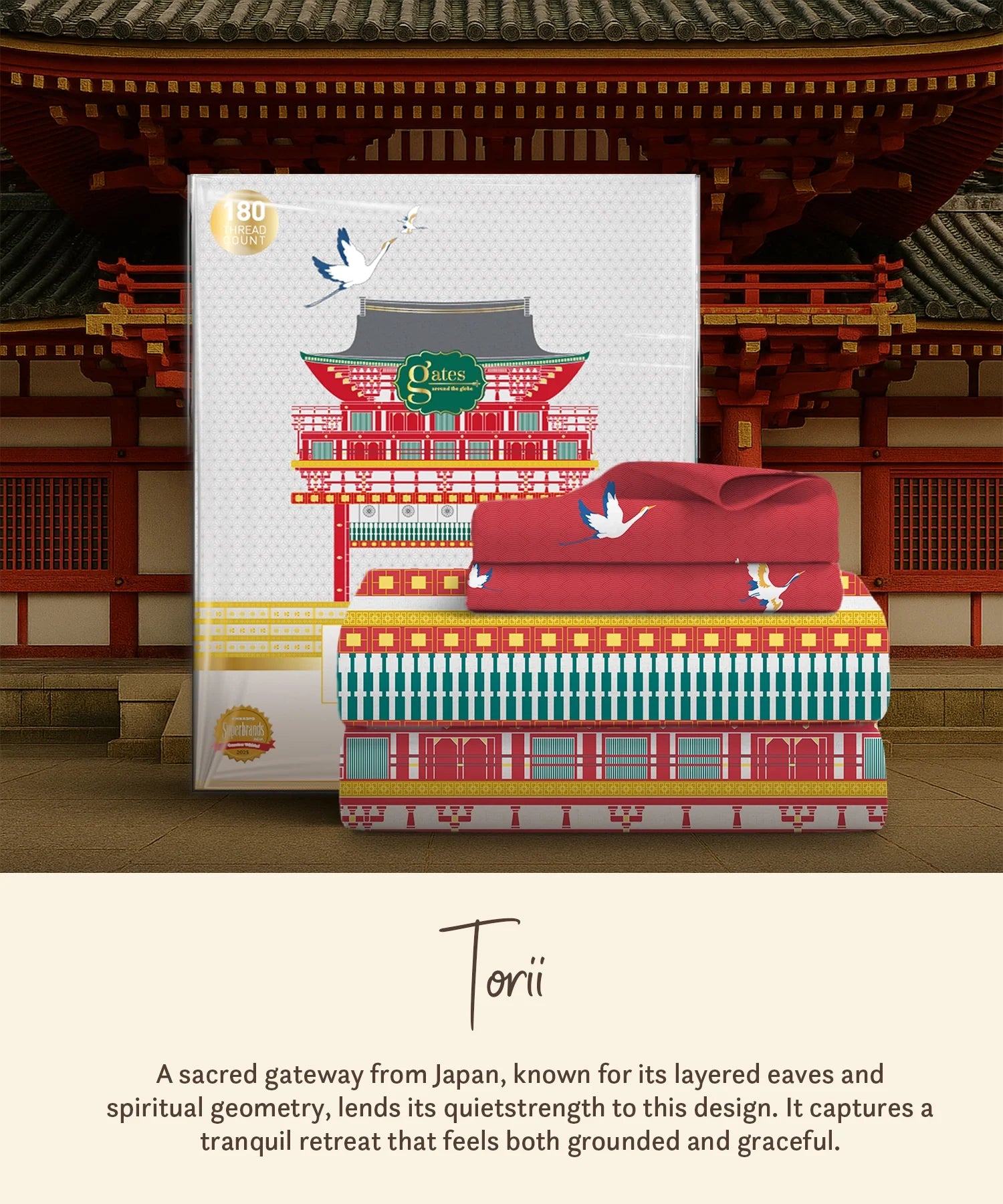 Gates Around The Globe King Fitted Bedsheet Set, Torii| 180 TC Cotton| 2 Pillow Covers