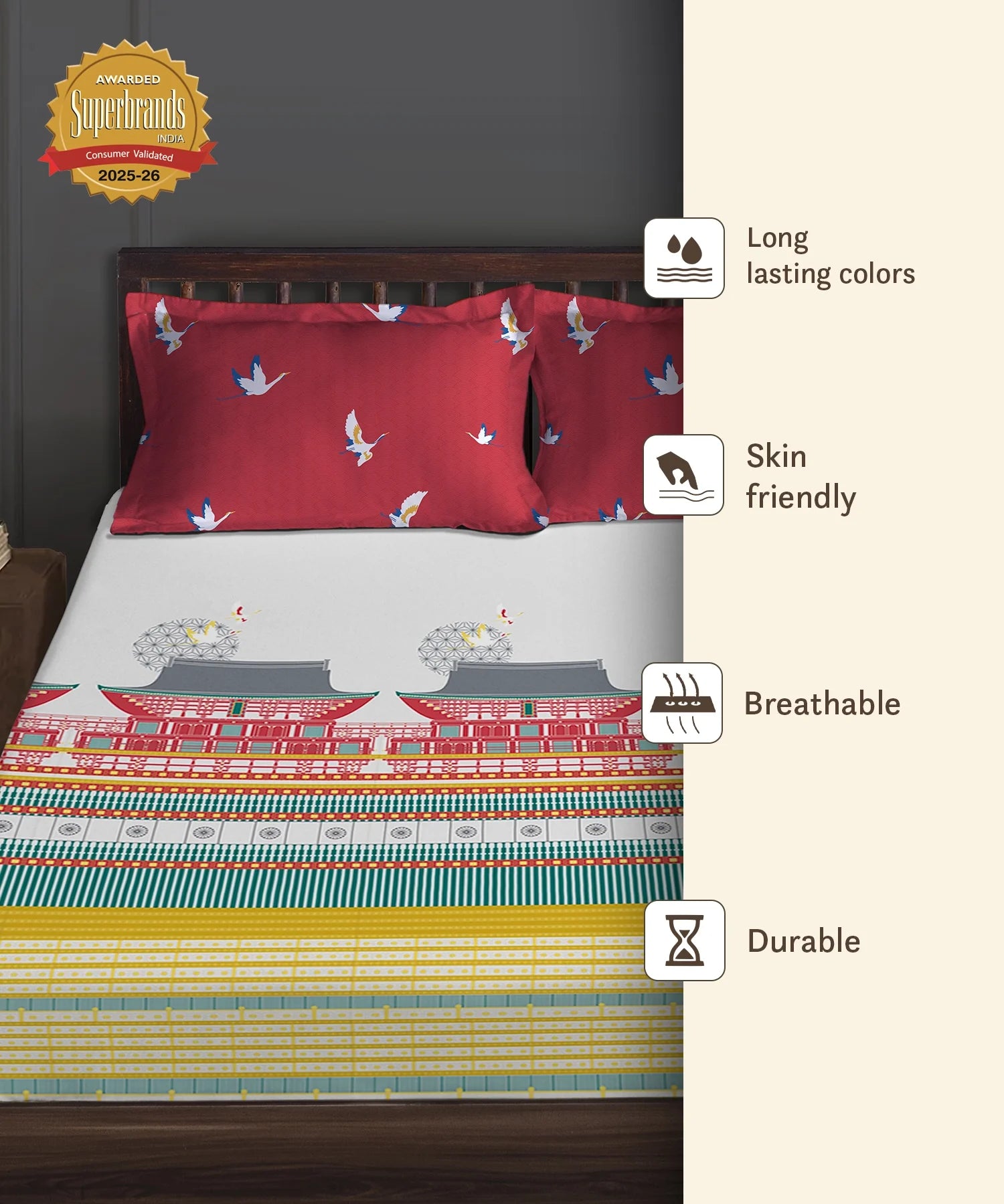 Gates Around The Globe King Fitted Bedsheet Set, Torii| 180 TC Cotton| 2 Pillow Covers