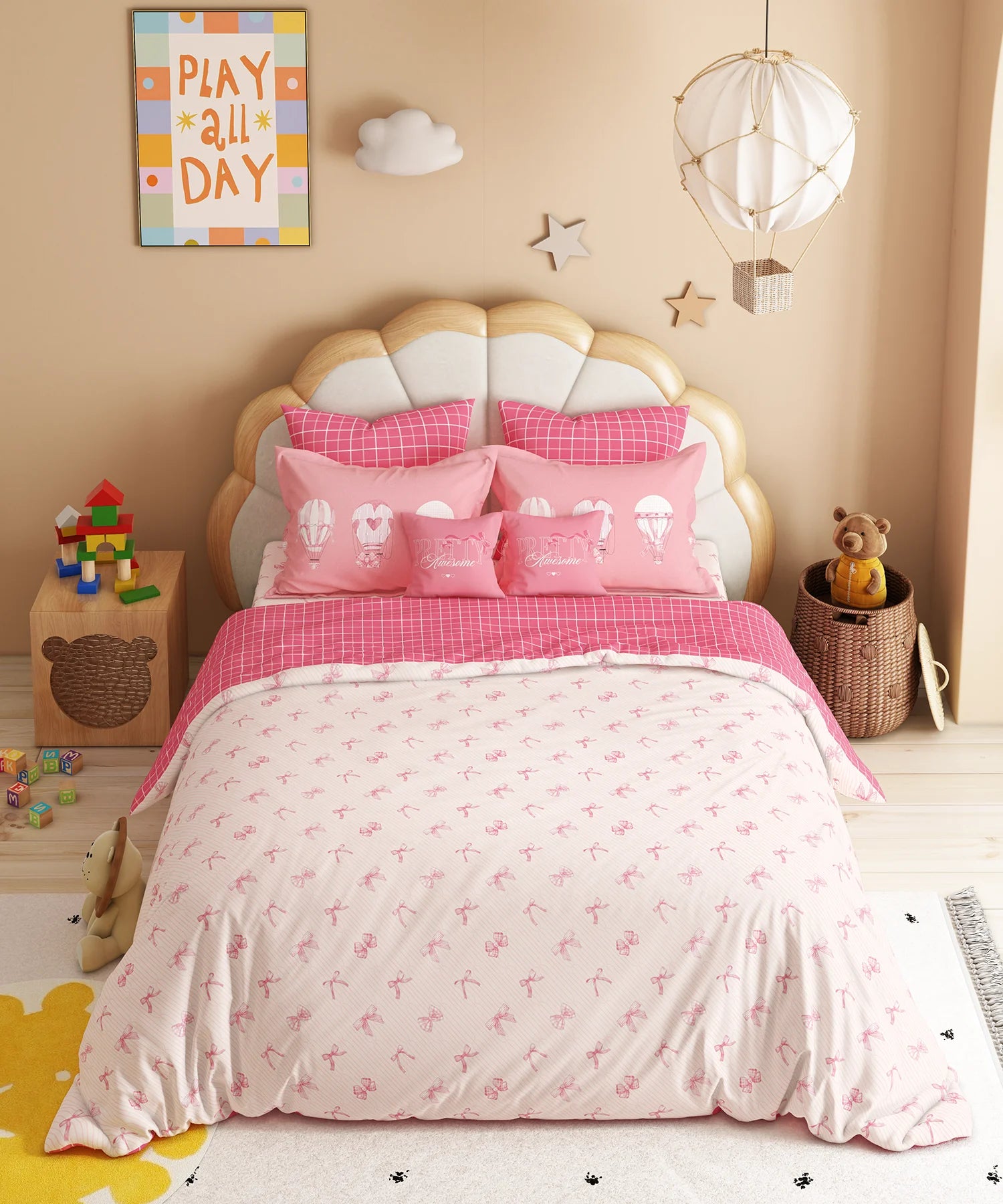 Juniors Double Bedsheet Set, Cue Coquette| 144TC Cotton|2 Pillow Covers & 2 Cushion Covers