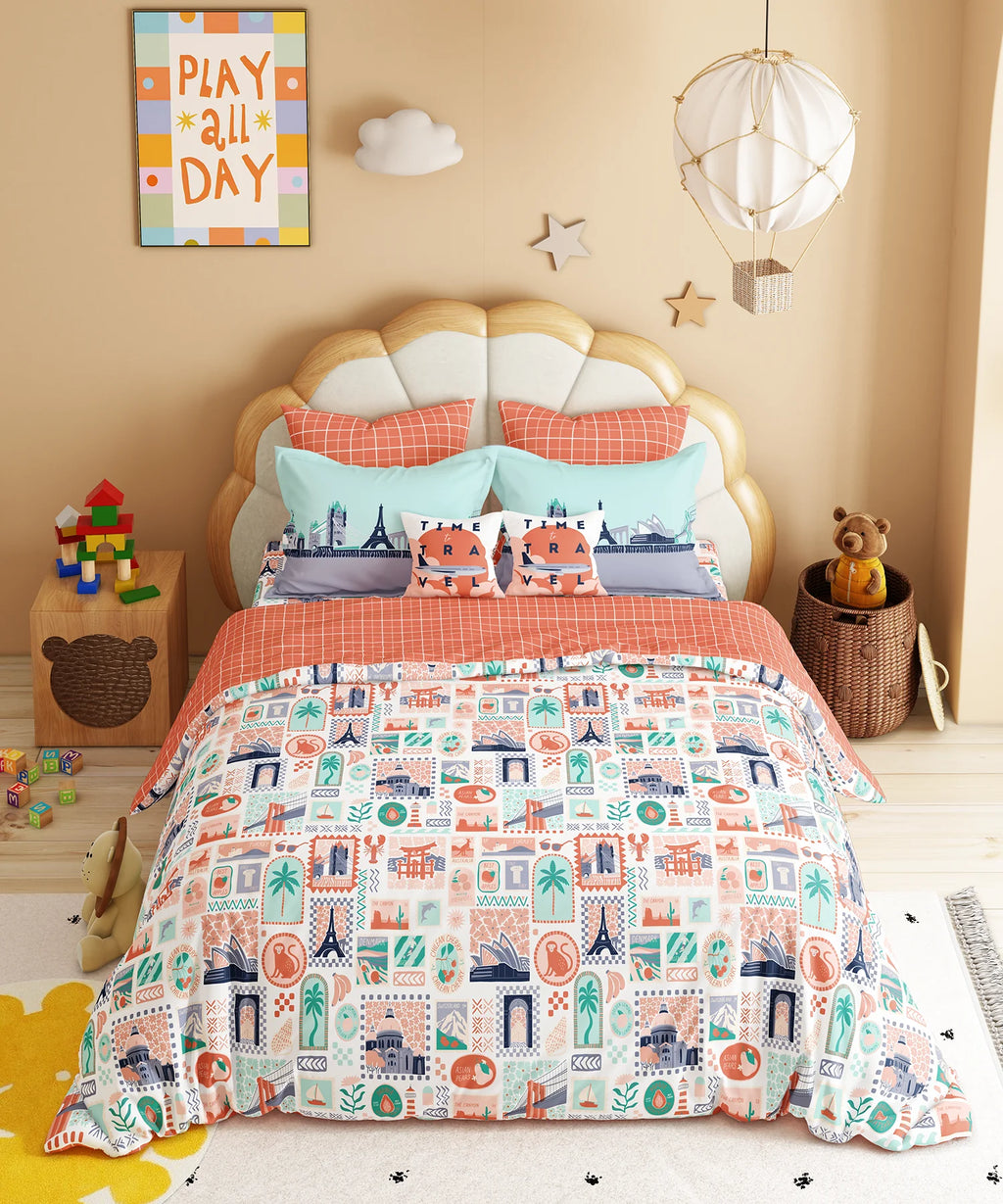 Juniors Double Bedsheet Set, Wander ways| 144TC Cotton|2 Pillow Covers & 2 Cushion Covers