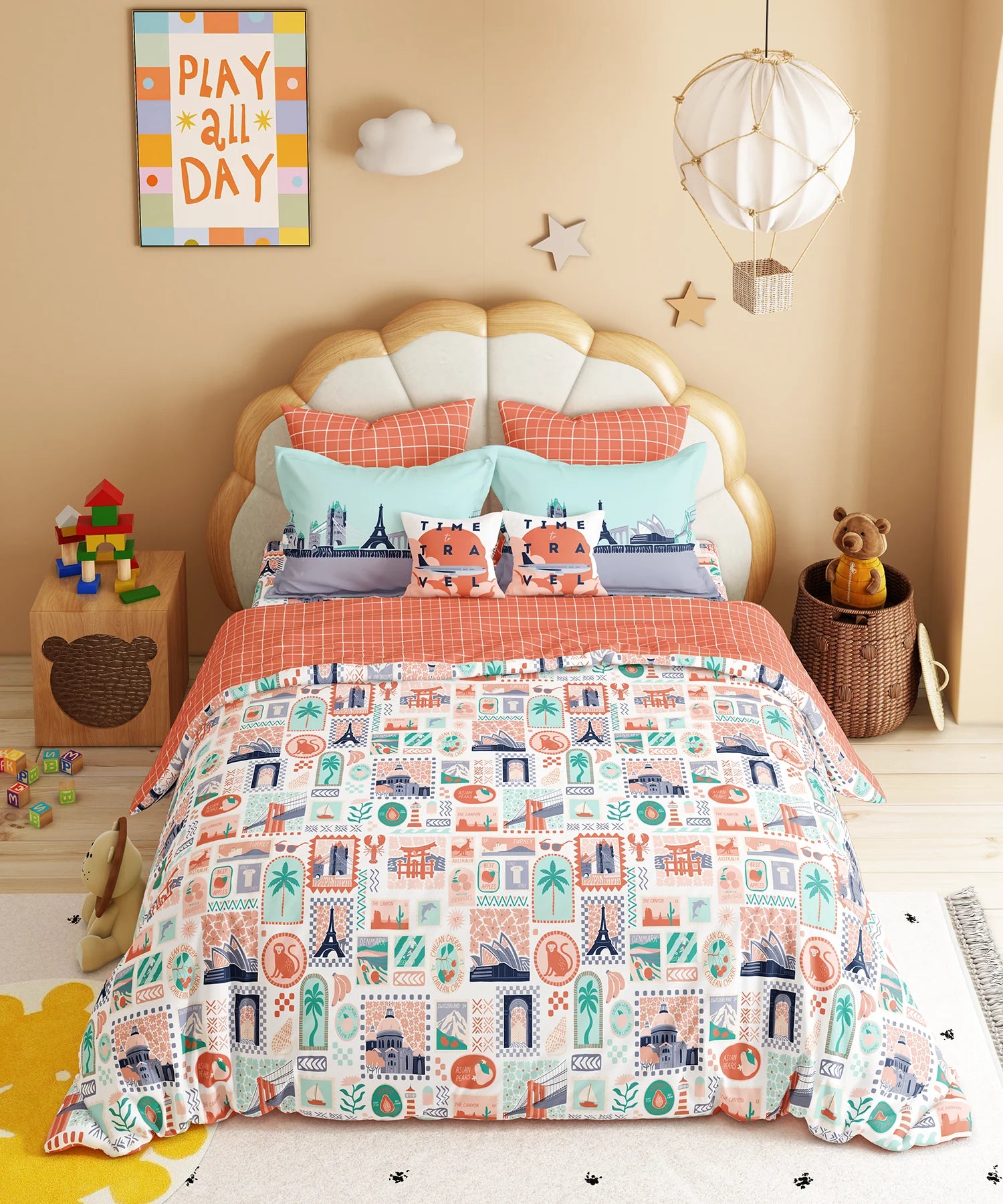 Juniors Double Bedsheet Set, Wander ways| 144TC Cotton|2 Pillow Covers & 2 Cushion Covers