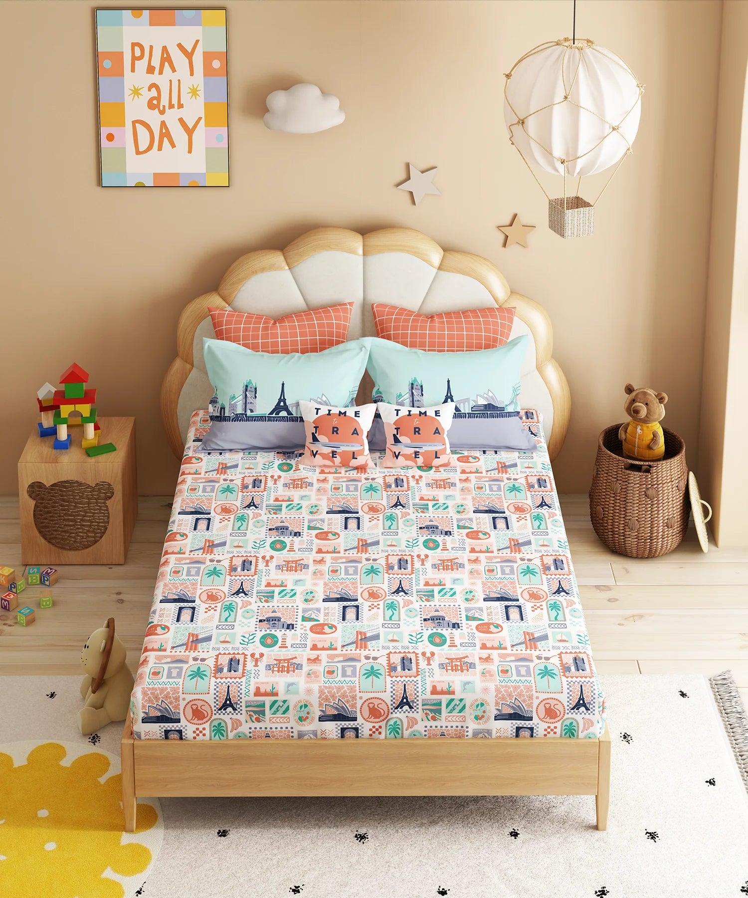 Juniors Double Bedsheet Set, Wander ways| 144TC Cotton|2 Pillow Covers & 2 Cushion Covers