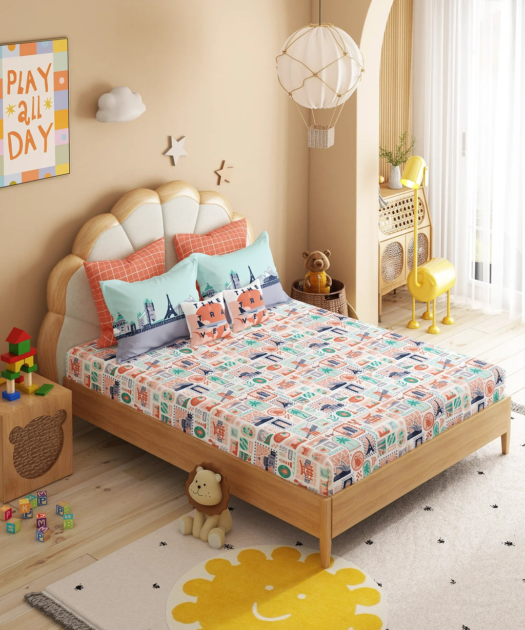 Juniors Double Bedsheet Set, Wander ways| 144TC Cotton|2 Pillow Covers & 2 Cushion Covers