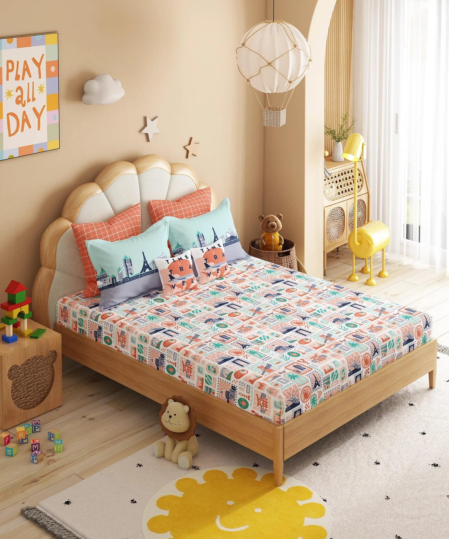 Juniors Double Bedsheet Set, Wander ways| 144TC Cotton|2 Pillow Covers & 2 Cushion Covers