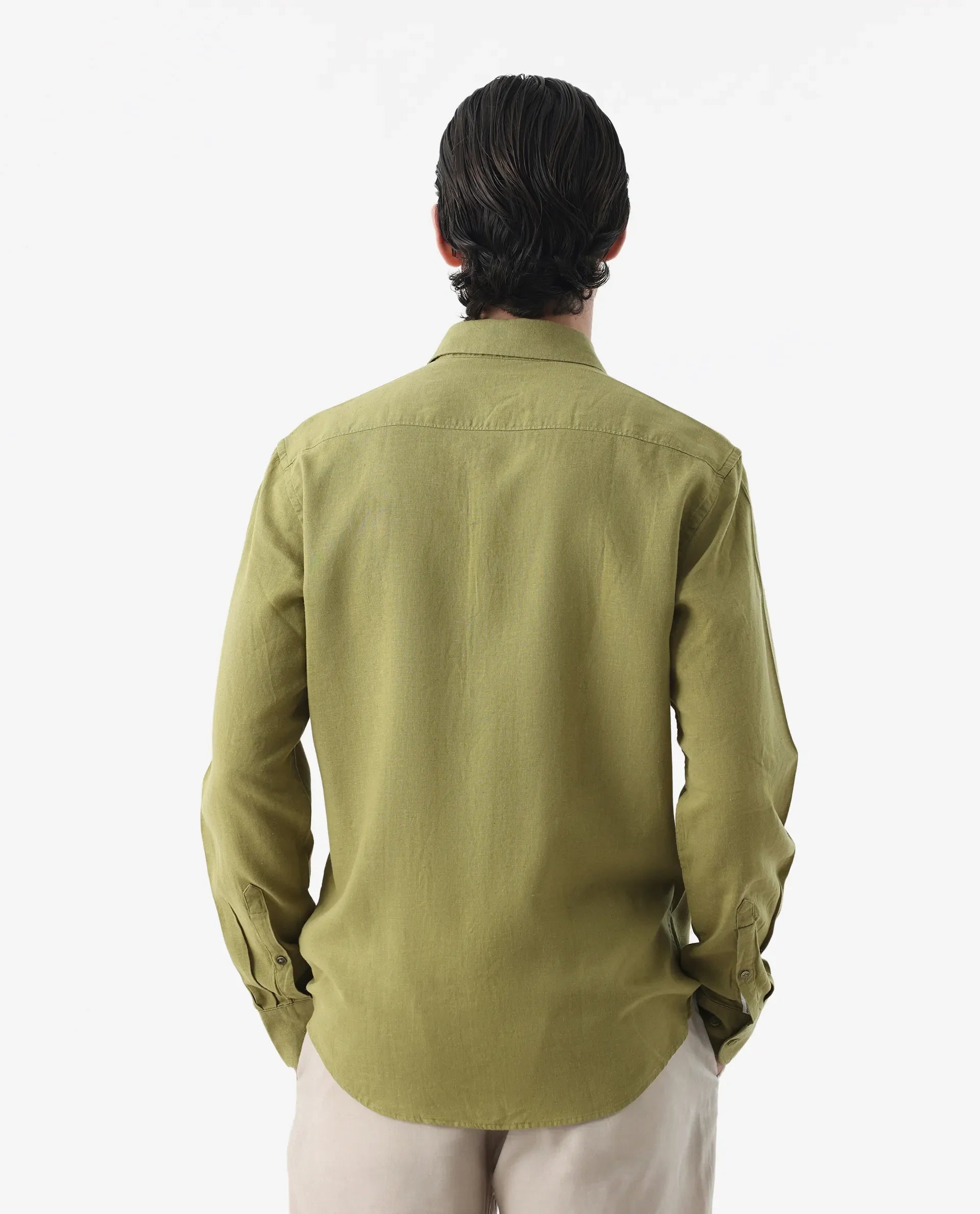 Rare Rabbit Men's Genova Green 100% Linen Regular Fit Full Sleeve Cutaway Collar Shirt
