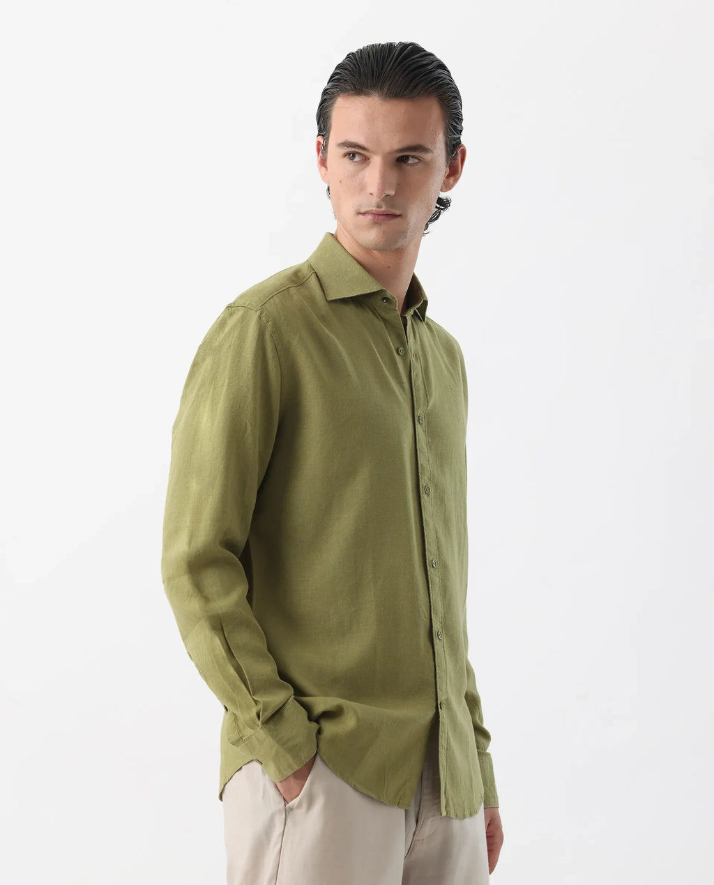 Rare Rabbit Men's Genova Green 100% Linen Regular Fit Full Sleeve Cutaway Collar Shirt
