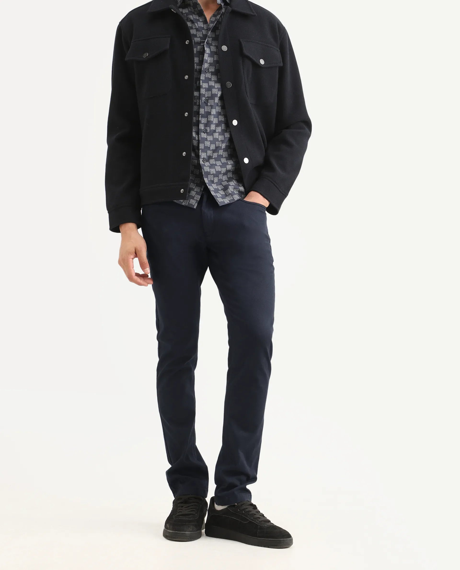 Rare Rabbit Men's Poke Navy Cotton Plain Regular Fit Trouser