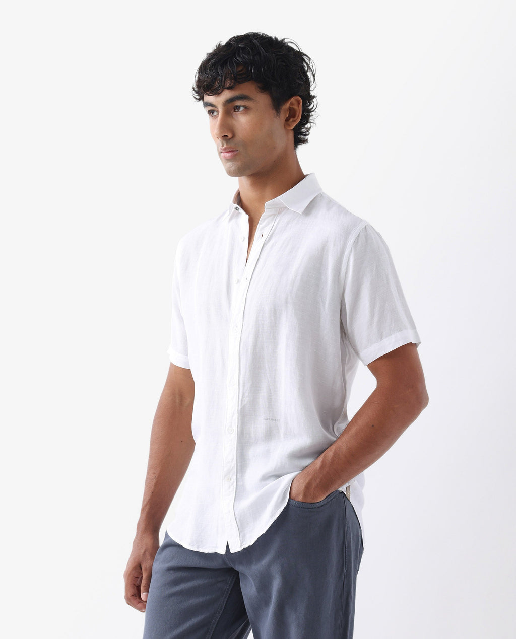 Rare Rabbit Men's Mik White Linen Blend Plain Regular Fit Half Sleeve Collared Shirt
