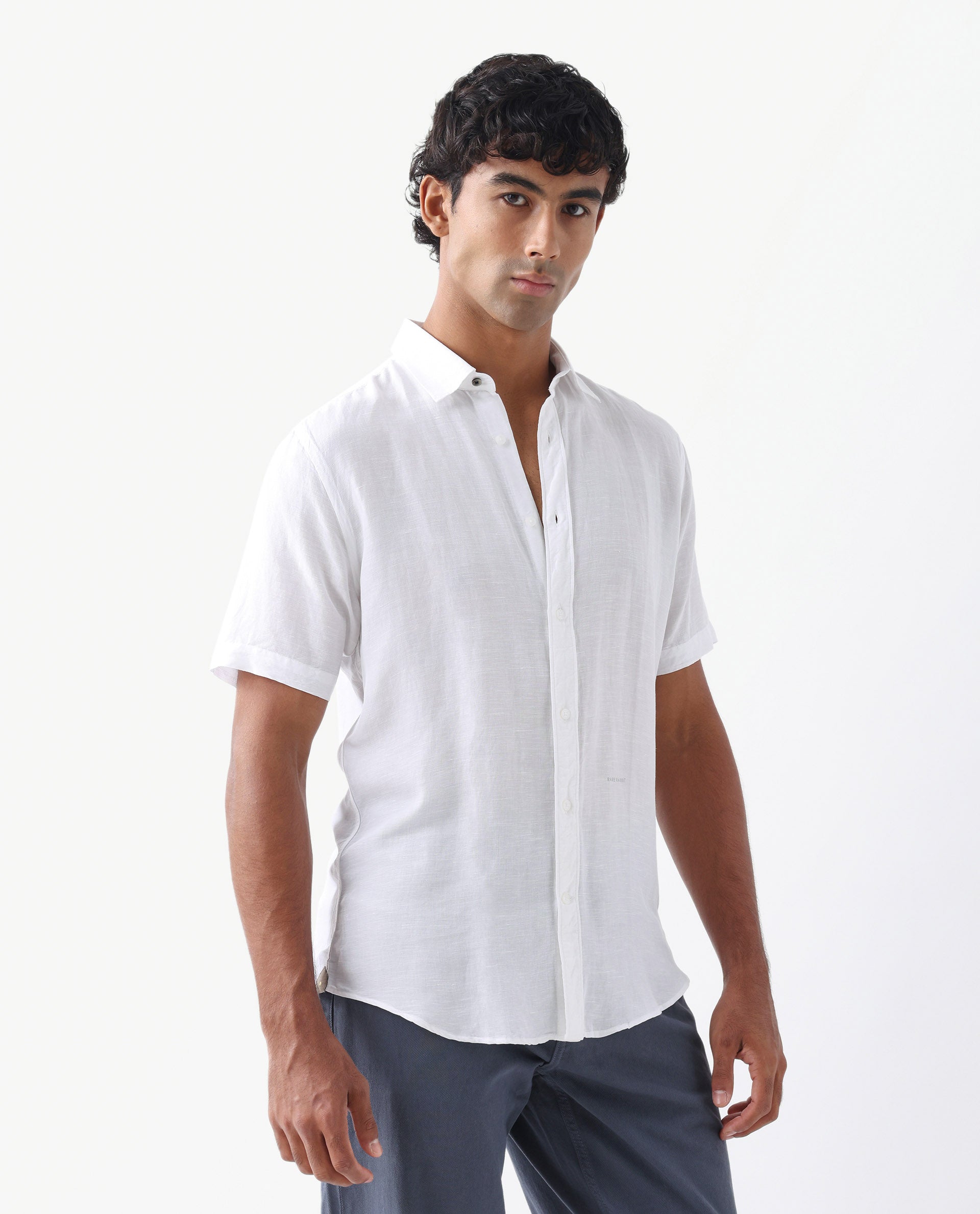 Rare Rabbit Men's Mik White Linen Blend Plain Regular Fit Half Sleeve Collared Shirt