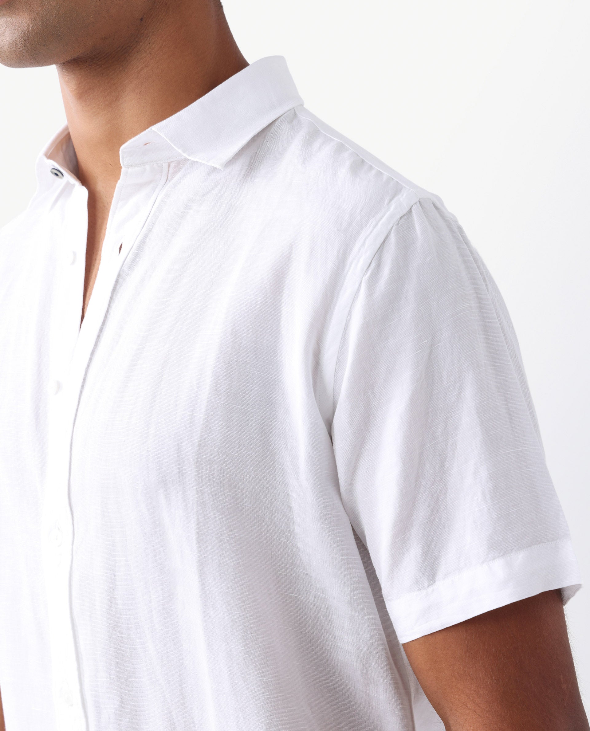 Rare Rabbit Men's Mik White Linen Blend Plain Regular Fit Half Sleeve Collared Shirt