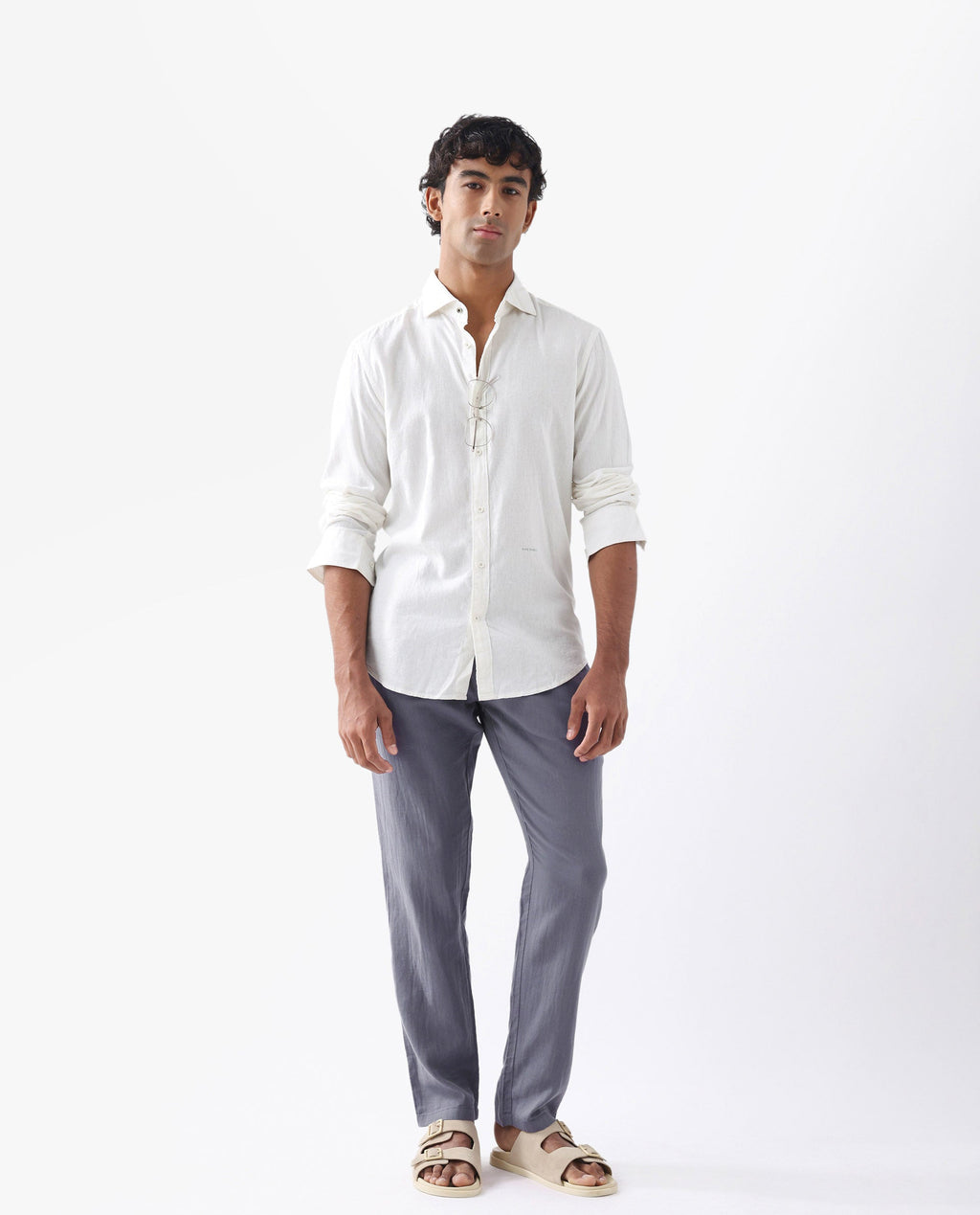 Rare Rabbit Men's Mik White Linen Blend Plain Regular Fit Half Sleeve Collared Shirt