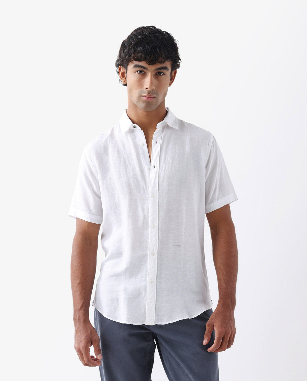 Rare Rabbit Men's Mik White Linen Blend Plain Regular Fit Half Sleeve Collared Shirt