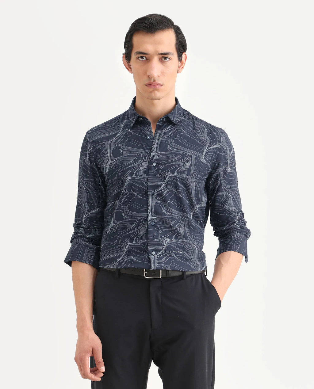 Rare Rabbit Men's Gravel Navy Viscose Abstract Print Regular Fit Full Sleeve Collared Shirt