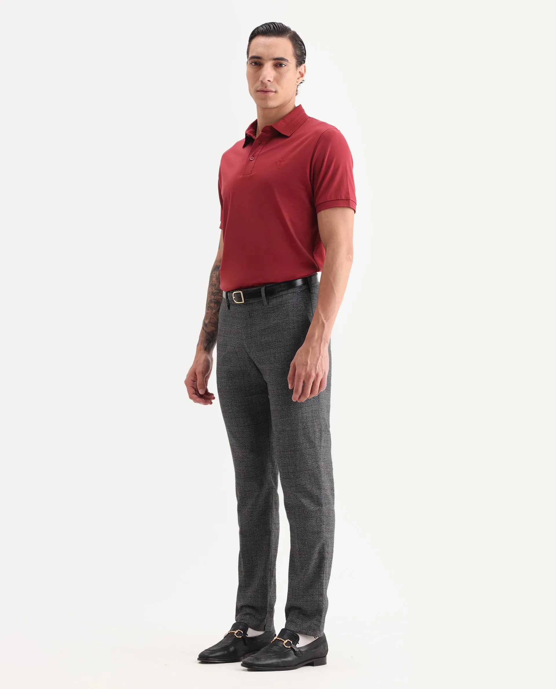 Rare Rabbit Men's Opal Dark Grey Polyester Checked Print Regular Fit Trouser