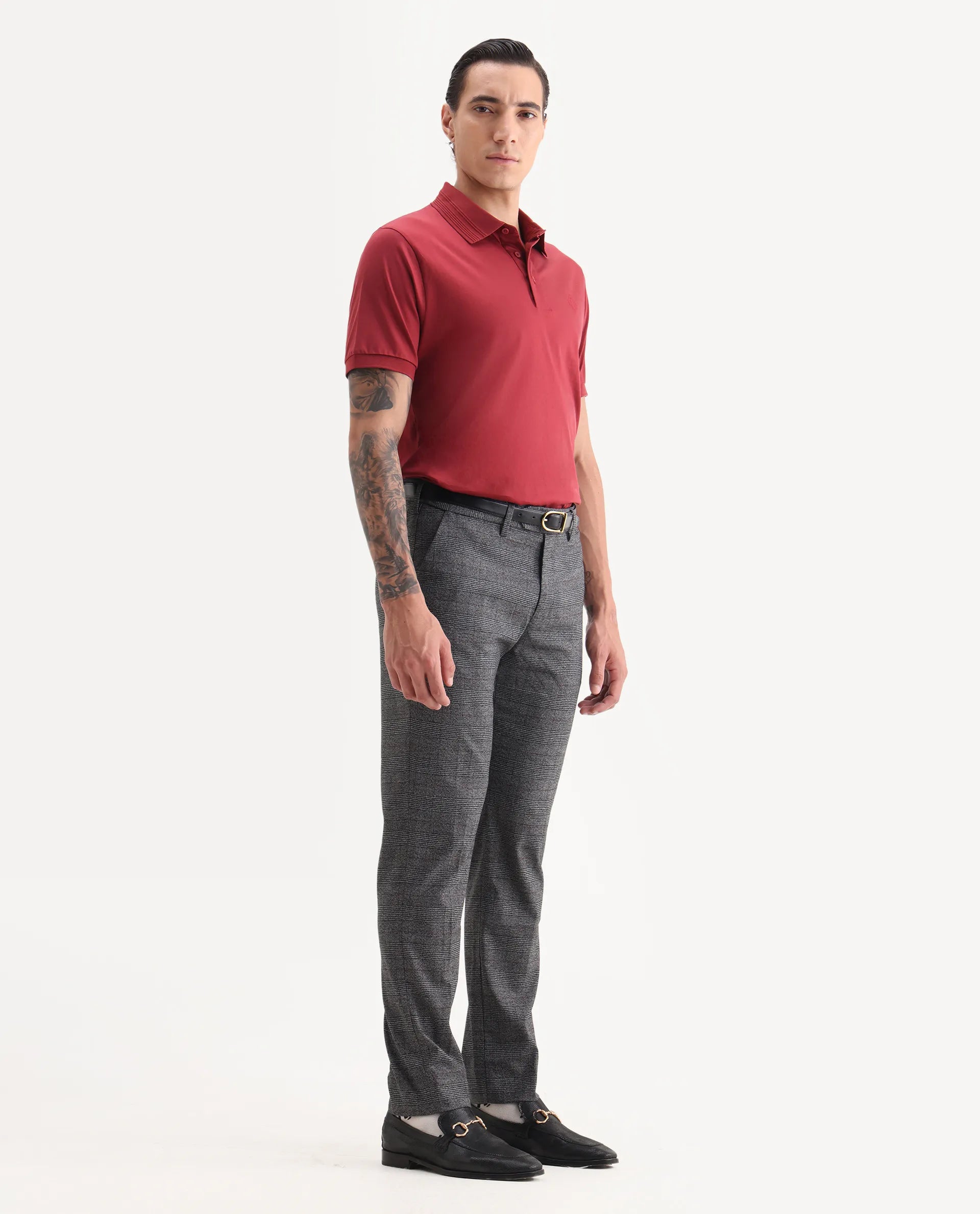 Rare Rabbit Men's Opal Dark Grey Polyester Checked Print Regular Fit Trouser