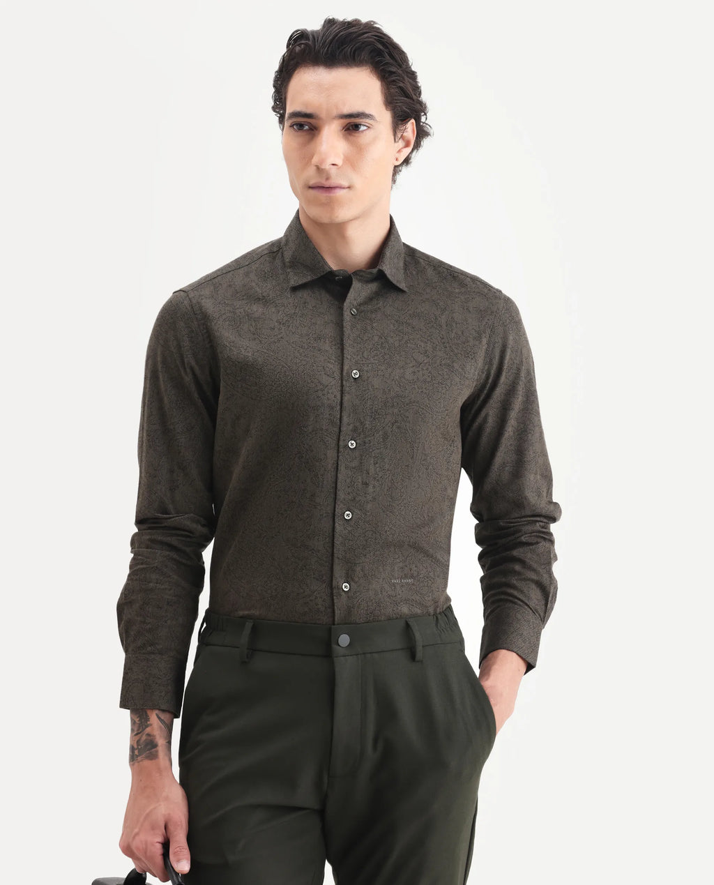 Rare Rabbit Men's Platim Green Cotton Paisley Print Regular Fit Full Sleeve Collared Shirt