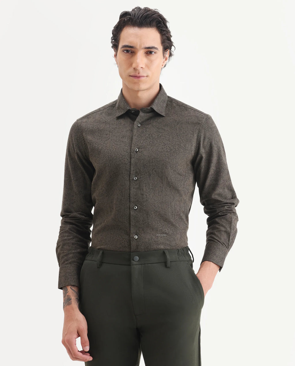 Rare Rabbit Men's Platim Green Cotton Paisley Print Regular Fit Full Sleeve Collared Shirt