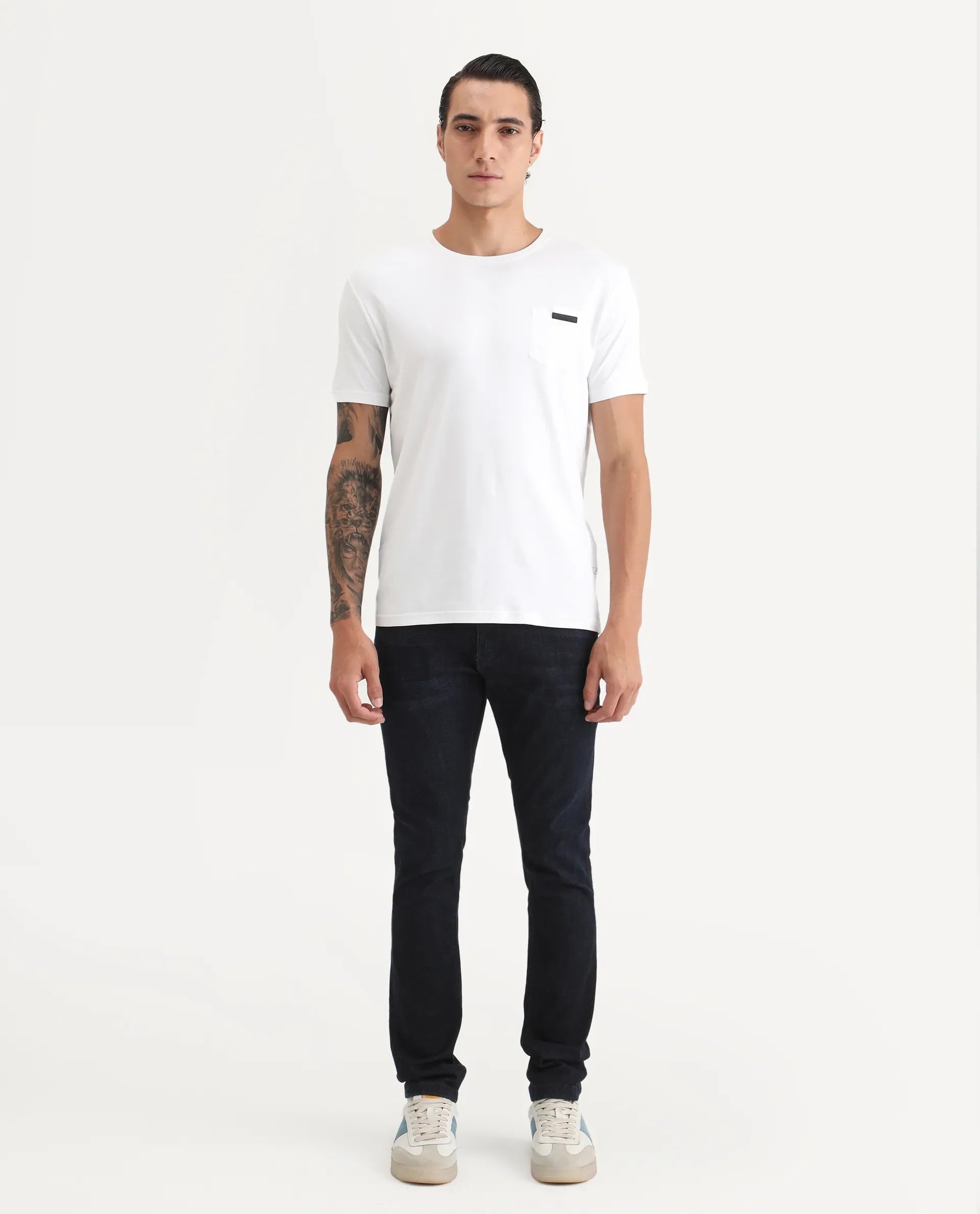 Rare Rabbit Men's Sain Navy Cotton Plain Hawk Slim Fit Jeans
