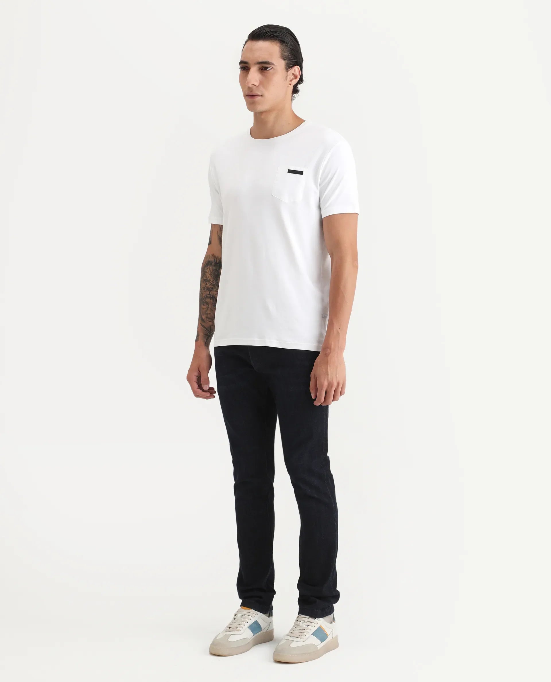Rare Rabbit Men's Sain Navy Cotton Plain Hawk Slim Fit Jeans