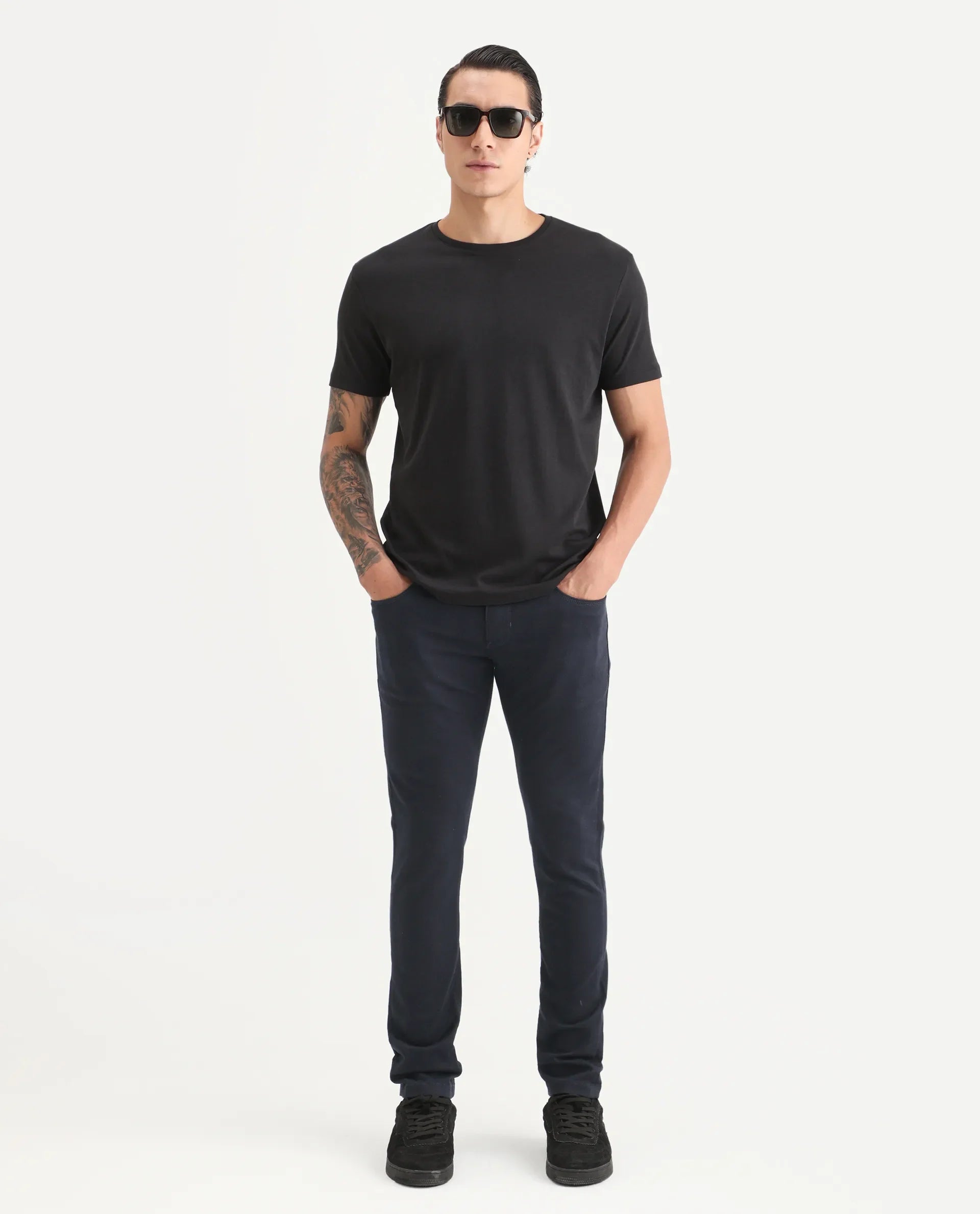 Rare Rabbit Men's Satinx Navy Cotton Plain Hawk Slim Fit Jeans