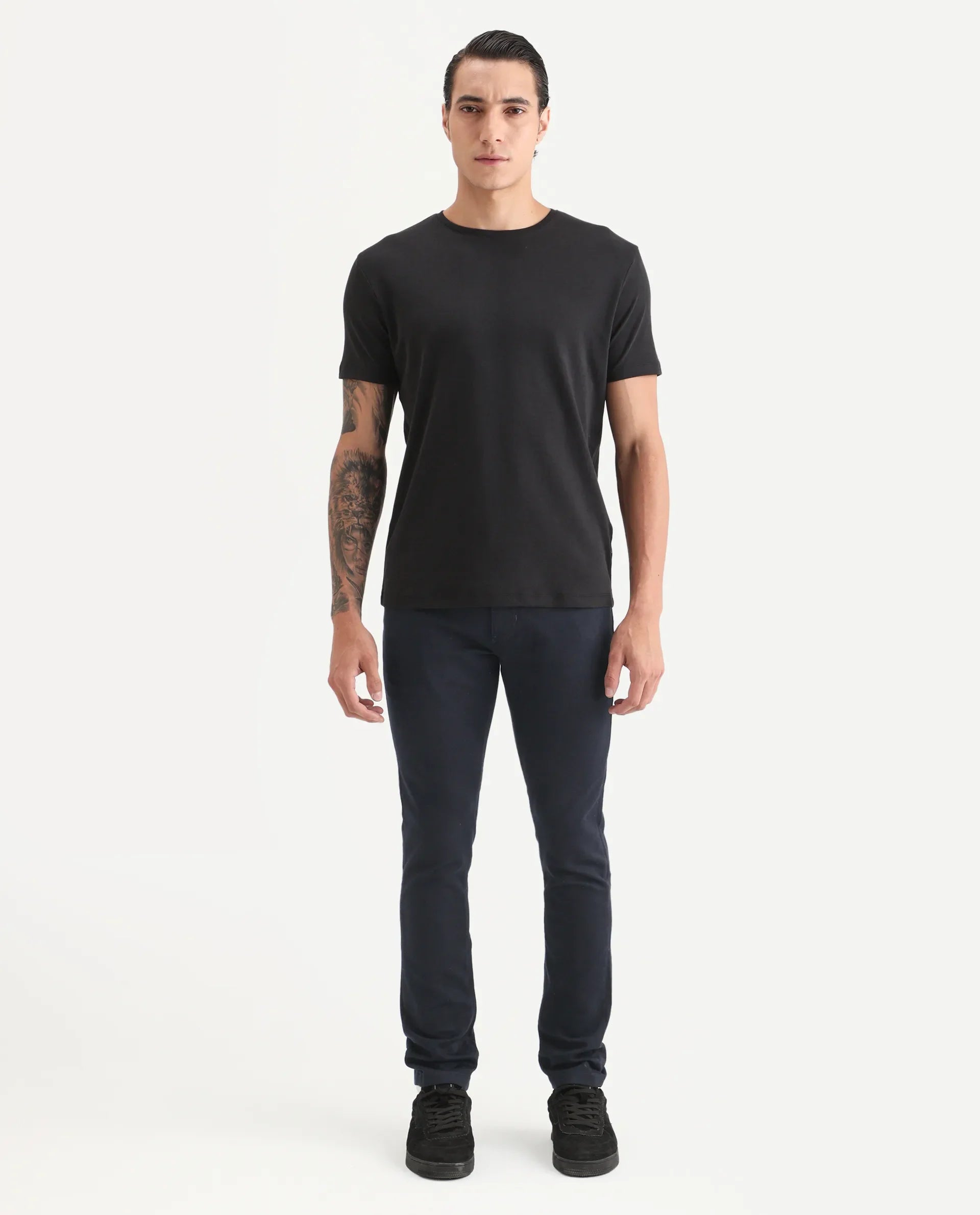 Rare Rabbit Men's Satinx Navy Cotton Plain Hawk Slim Fit Jeans