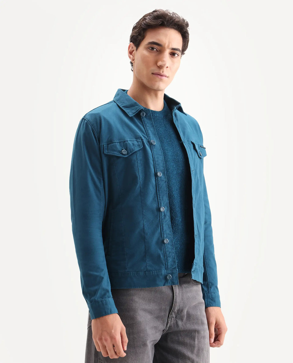 Rare Rabbit Men's Vintago Dark Teal Cotton Plain Regular Fit Full Sleeve Spread Collar Jacket