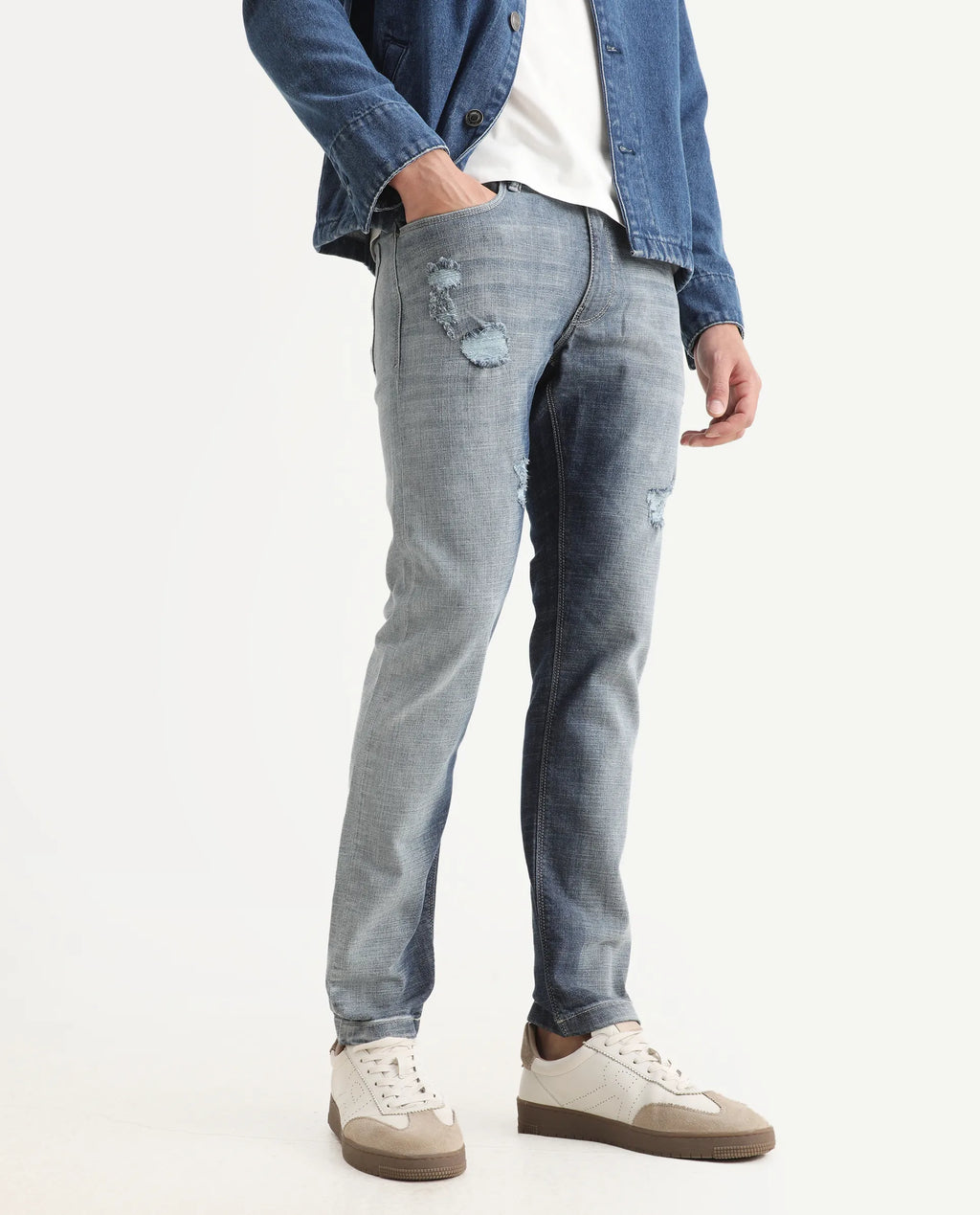 Rare Rabbit Men's Arten Light Blue Cotton Plain Hawk Slim Fit Jeans