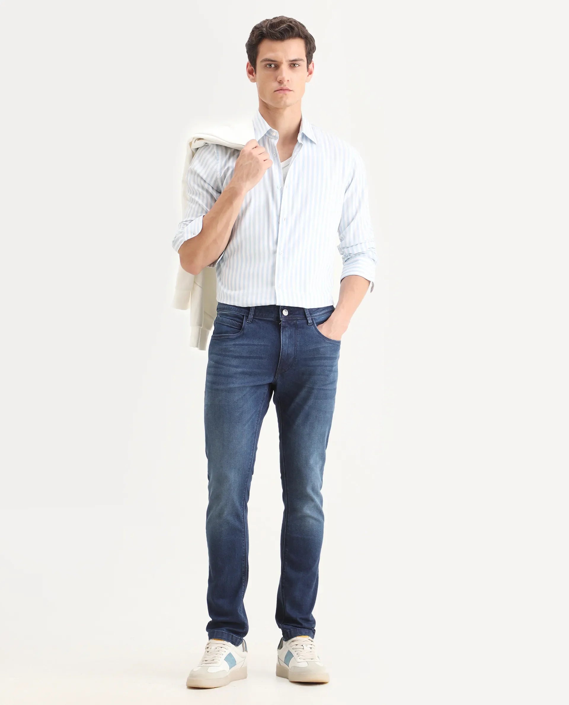 Rare Rabbit Men's Night Dusky Blue Cotton Plain Hawk Slim Fit Jeans