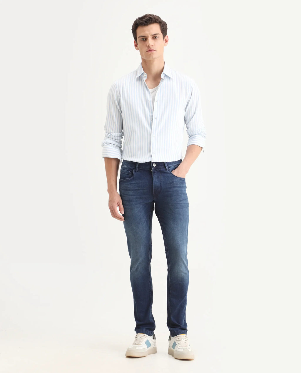 Rare Rabbit Men's Night Dusky Blue Cotton Plain Hawk Slim Fit Jeans