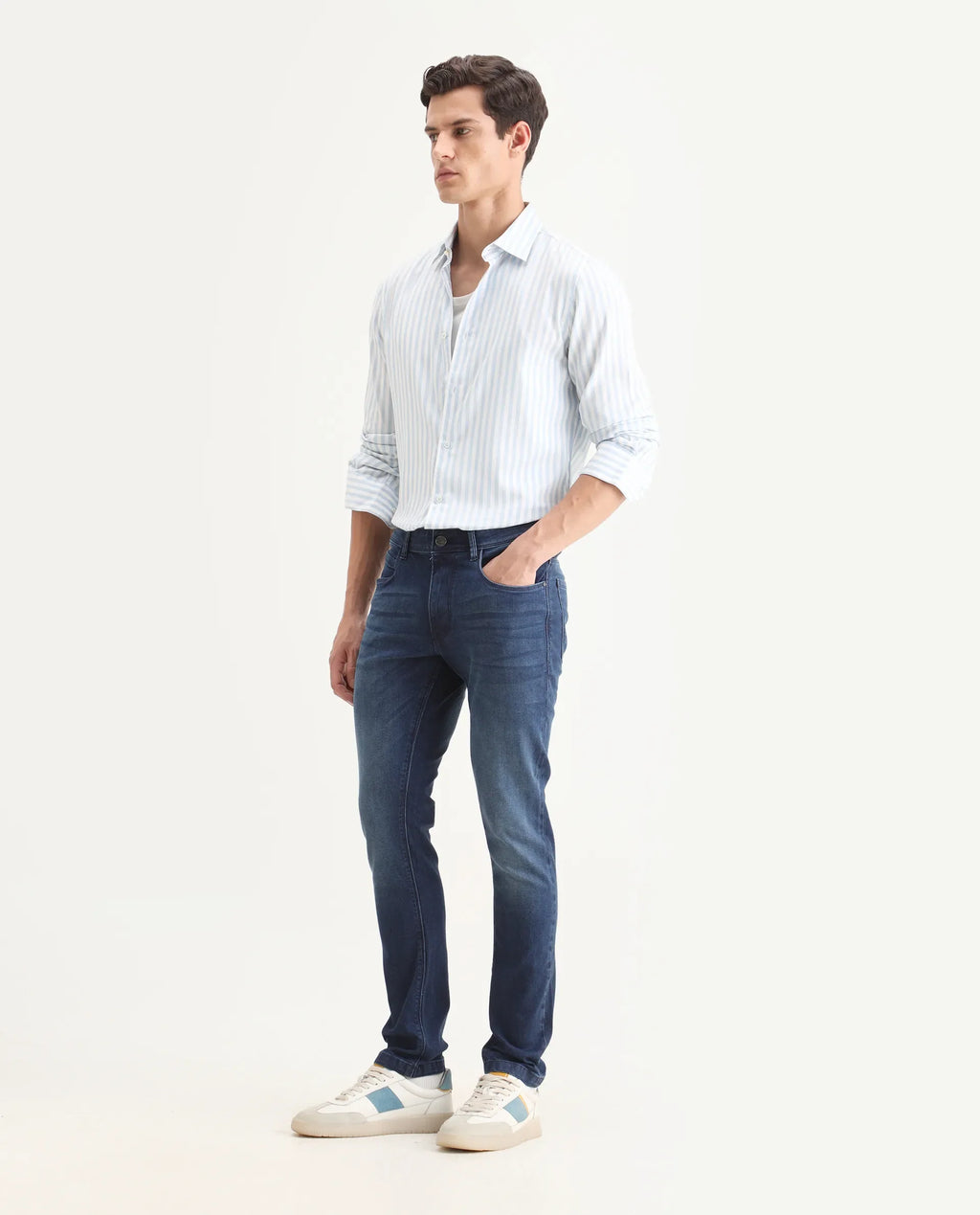 Rare Rabbit Men's Night Dusky Blue Cotton Plain Hawk Slim Fit Jeans