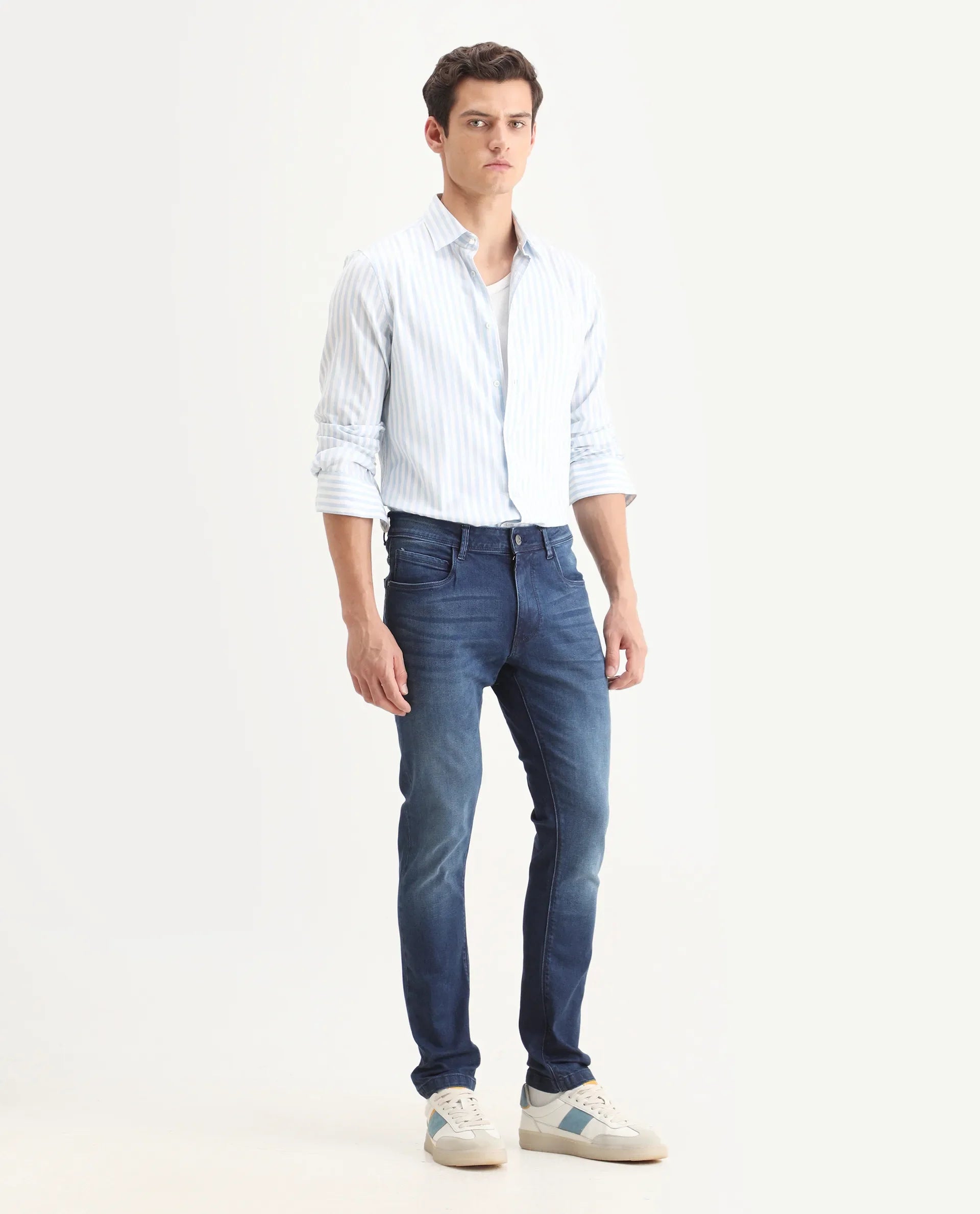 Rare Rabbit Men's Night Dusky Blue Cotton Plain Hawk Slim Fit Jeans