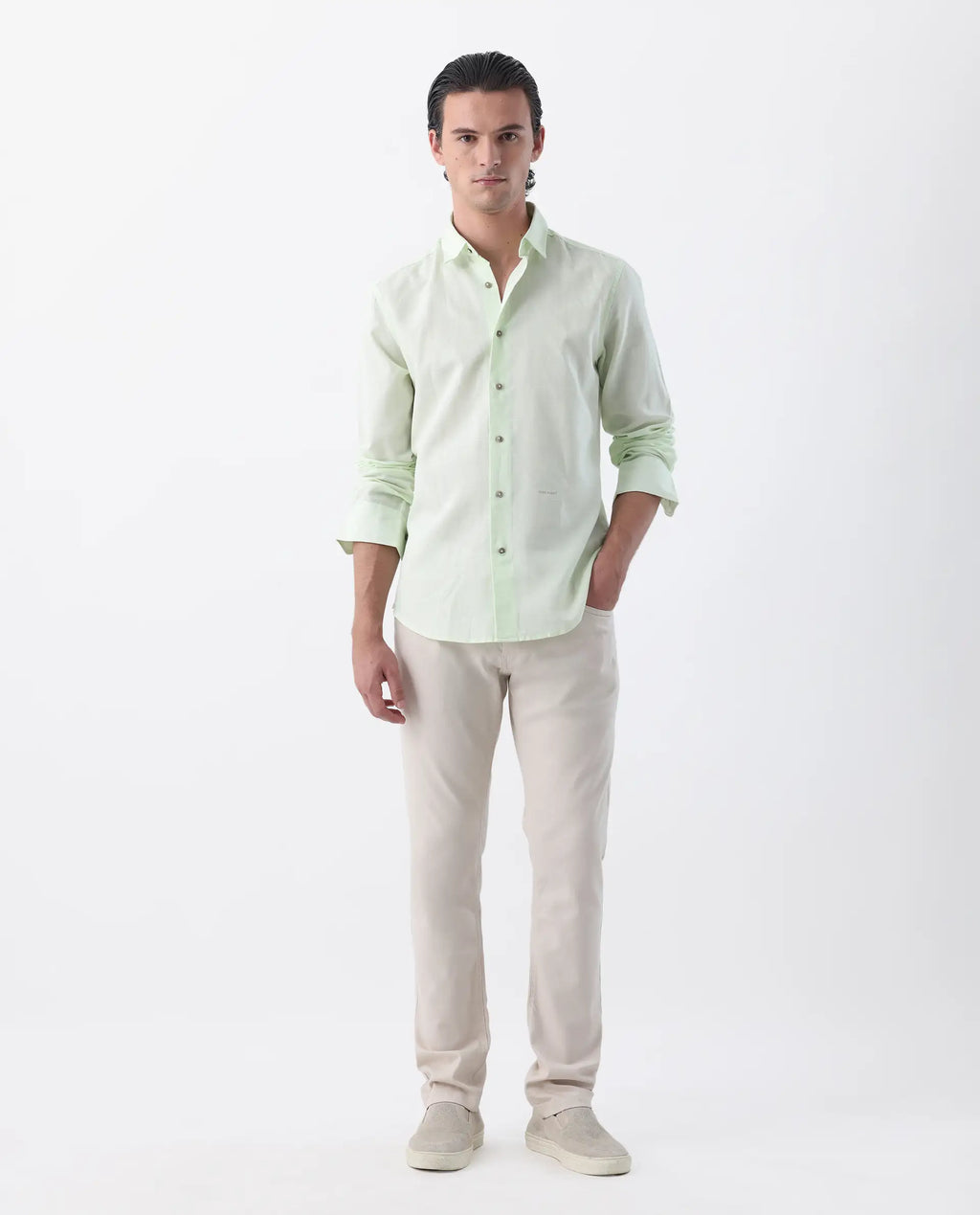 Rare Rabbit Men's Spoke 24 Light Beige Cotton Blend Plain Regular Fit Trouser