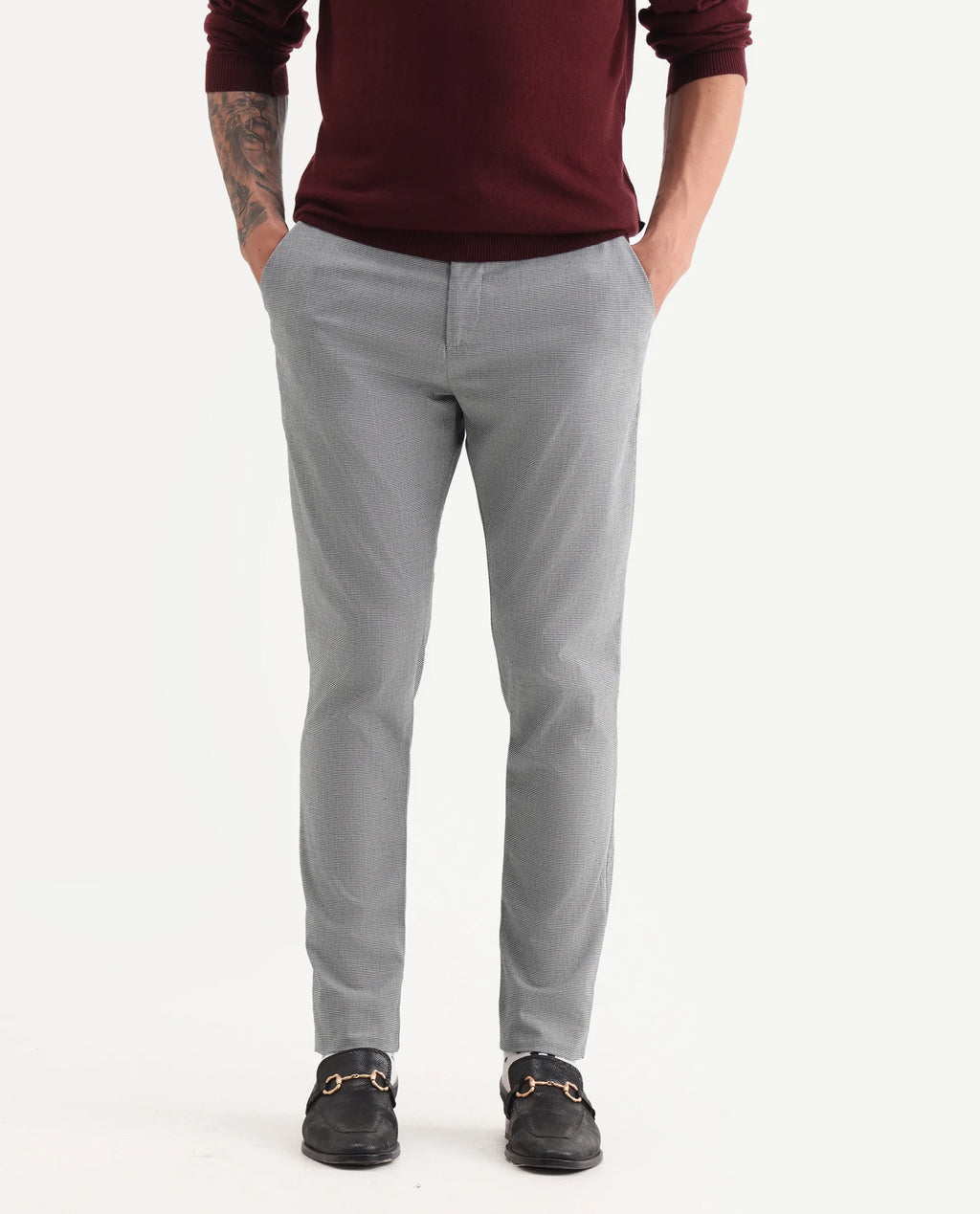 Rare Rabbit Men's Micra-1 Grey Cotton Blend Checked Print Regular Fit Trouser