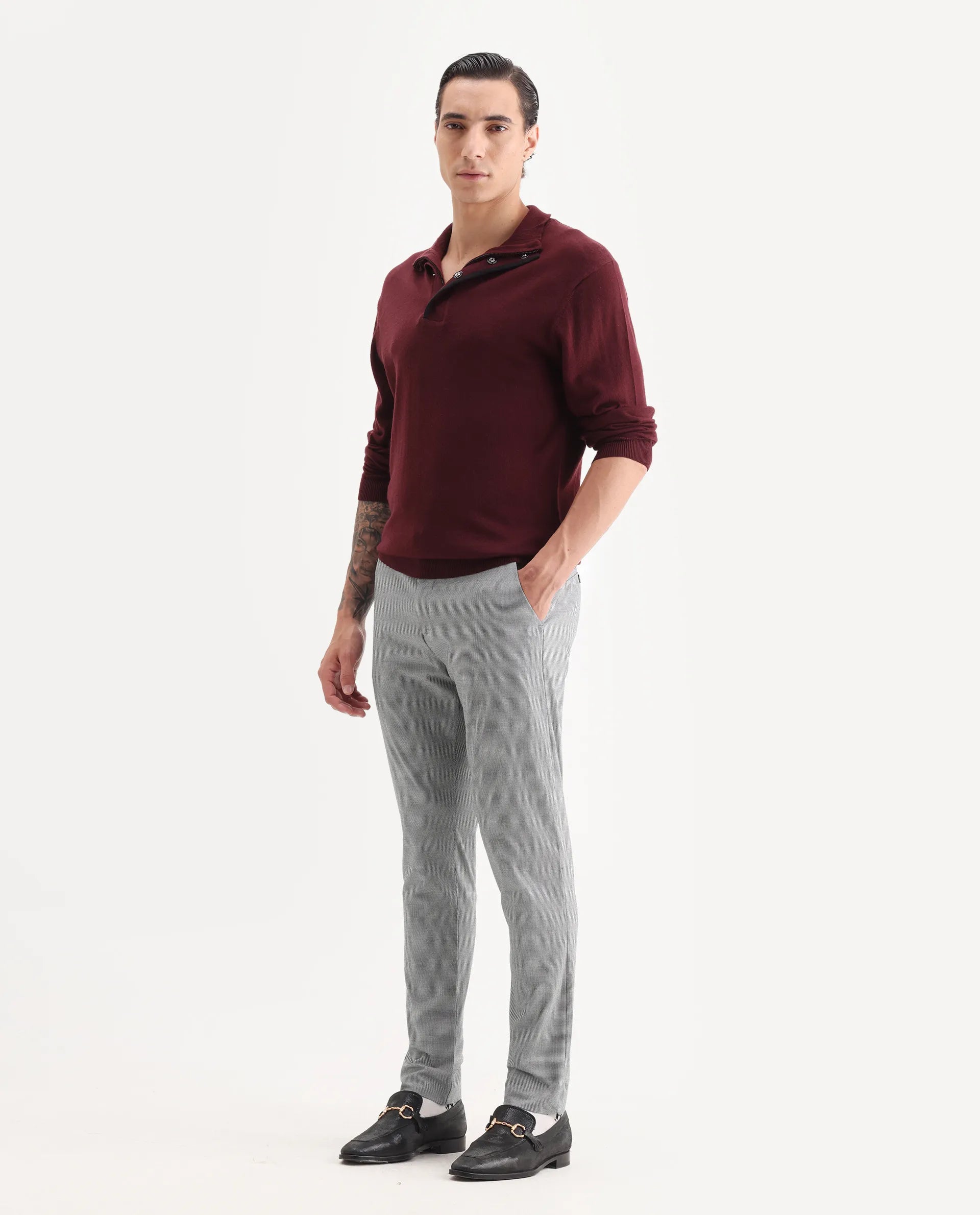 Rare Rabbit Men's Micra-1 Grey Cotton Blend Checked Print Regular Fit Trouser