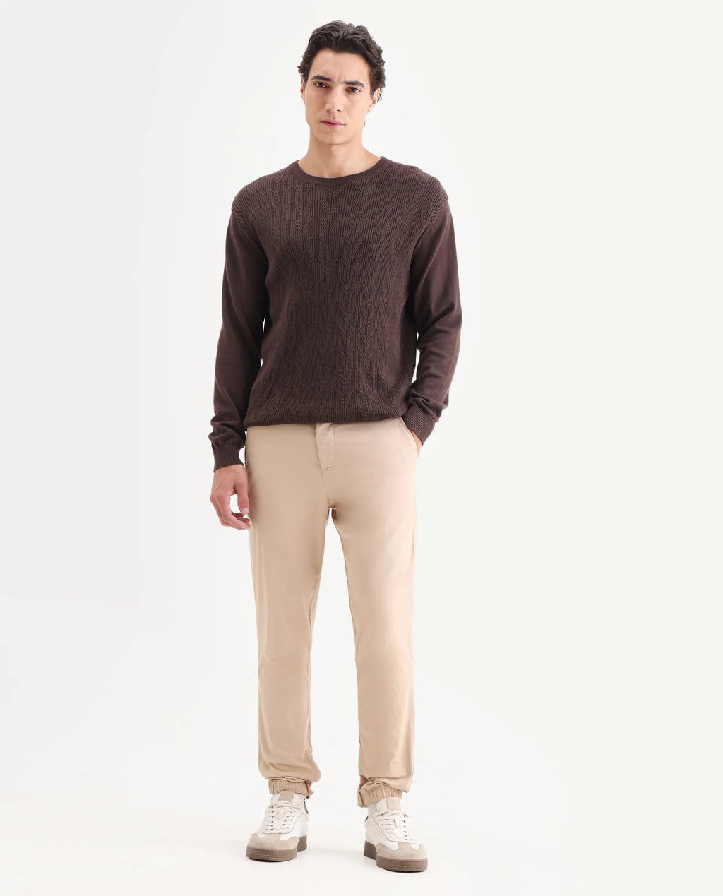 Rare Rabbit Men's Zade Khaki Cotton Blend Plain Regular Fit Trouser