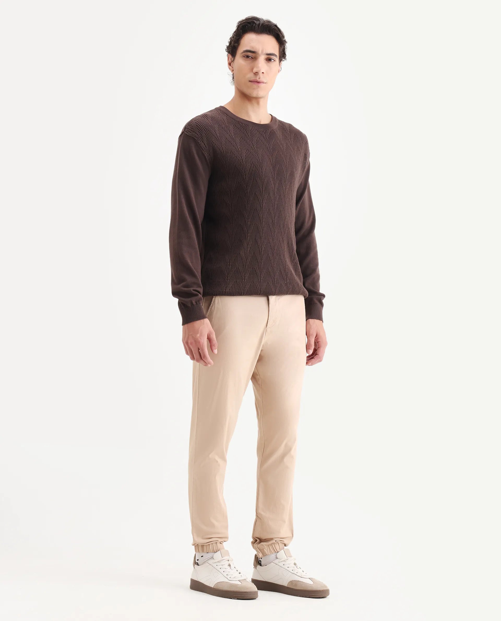 Rare Rabbit Men's Zade Khaki Cotton Blend Plain Regular Fit Trouser