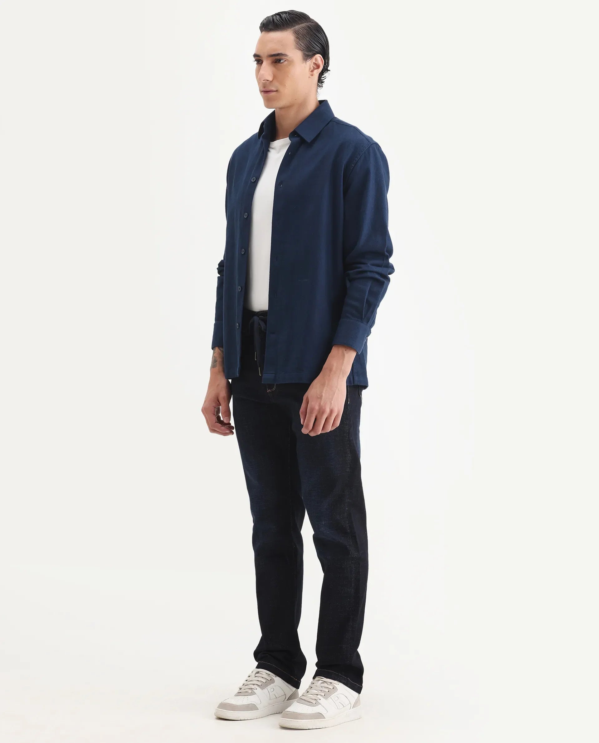 Rare Rabbit Men's Hayk Dark Blue Cotton Blend Plain Morris Regular Fit Jeans