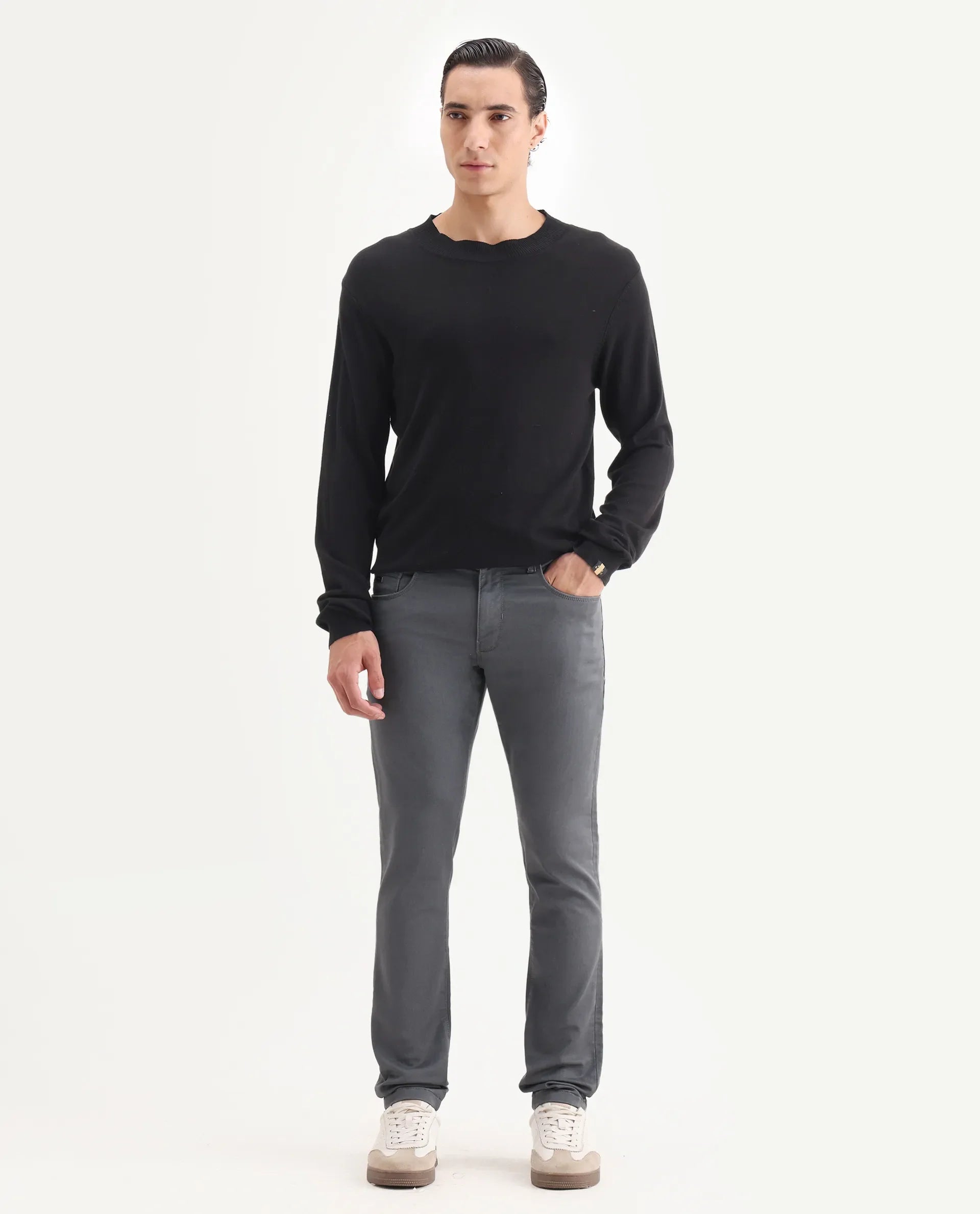 Rare Rabbit Men's Corvo Dark Grey Cotton Blend Plain Hawk Slim Fit Jeans