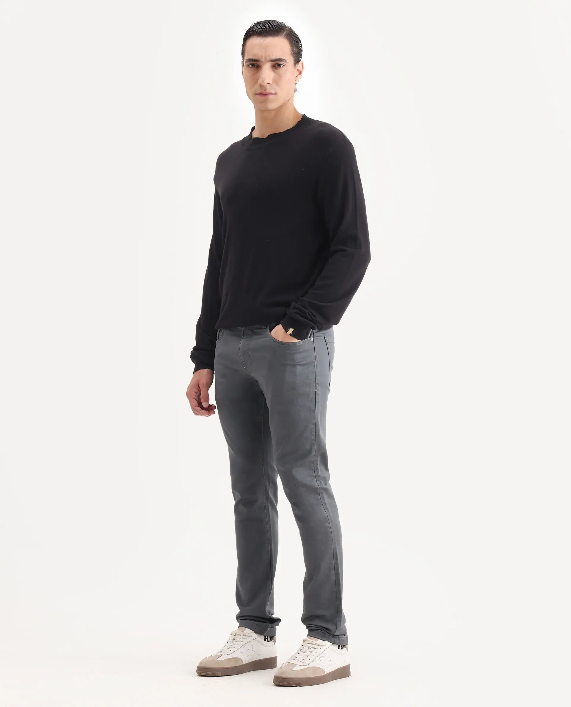 Rare Rabbit Men's Corvo Dark Grey Cotton Blend Plain Hawk Slim Fit Jeans