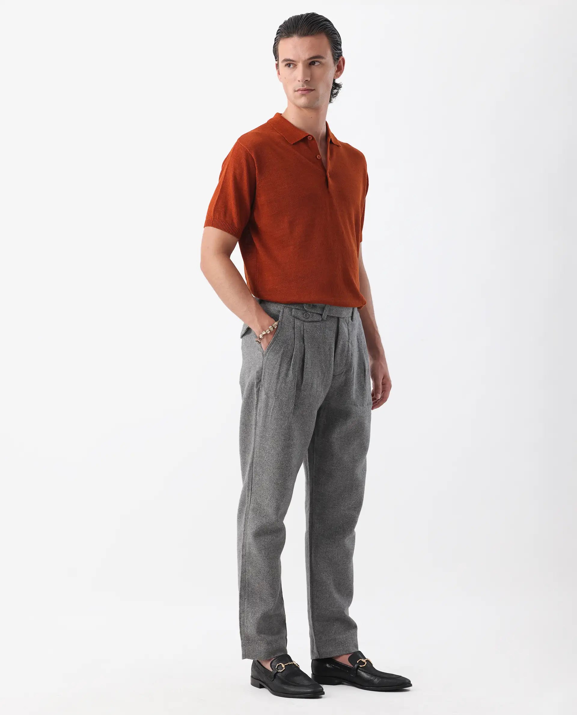 Rare Rabbit Men's Kaino Dark Grey 100% Linen Plain Regular Fit Trouser