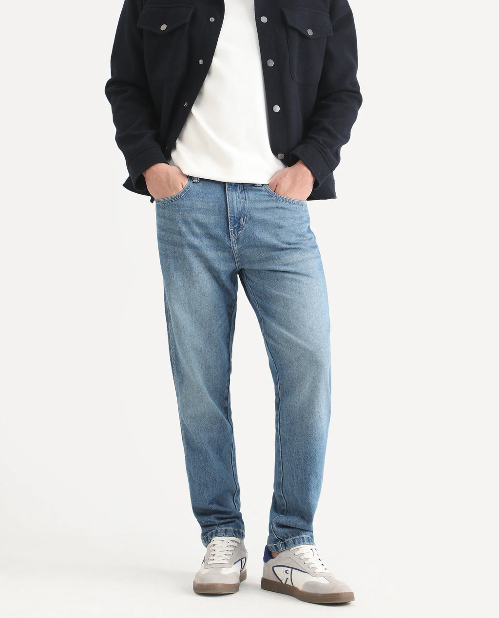 Rare Rabbit Men's Denis K Blue Cotton Blend Fabric Kurt Carrot Fit Plain Jeans