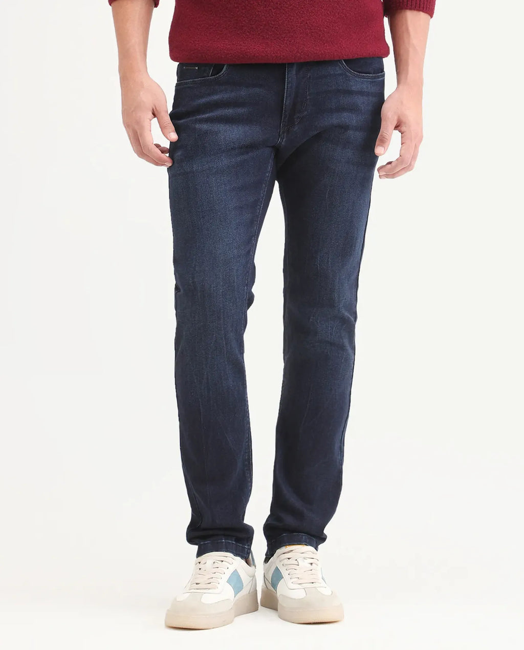 Rare Rabbit Men's Emil 26 Blue Cotton Blend Hawk Slim Fit Plain Jeans