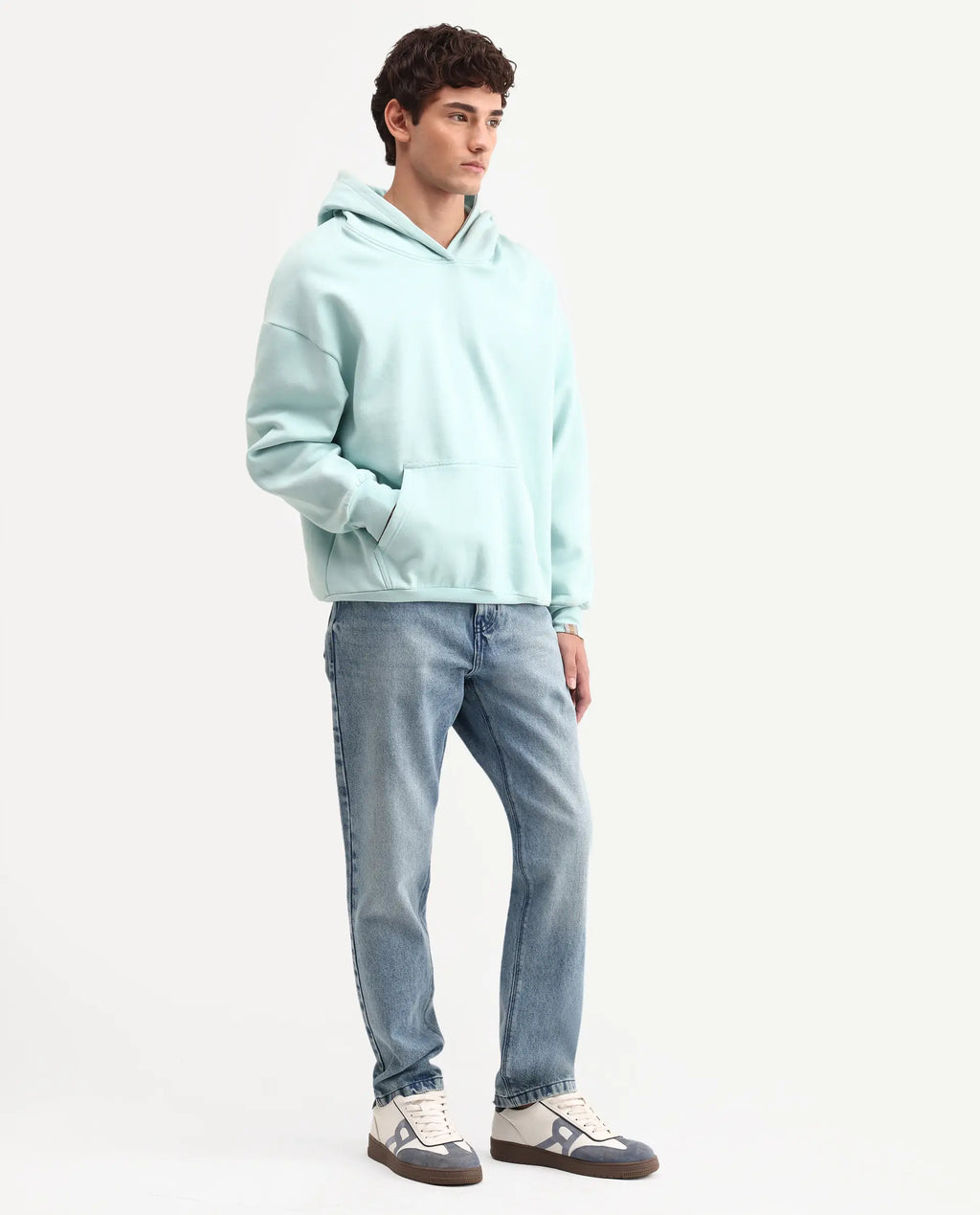 Rare Rabbit Men's Rokk Light Blue Cotton Blend Fabric Shank And Zipper Kurt Carrot Plain Jeans
