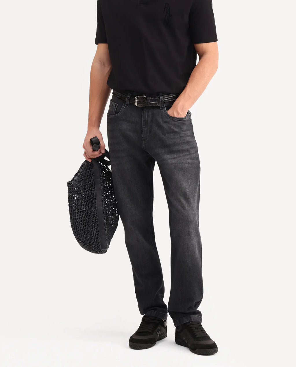 Rare Rabbit Men's Tova Dark Grey Cotton Fabric Shank And Zipper Kurt Carrot Fit Plain Jeans